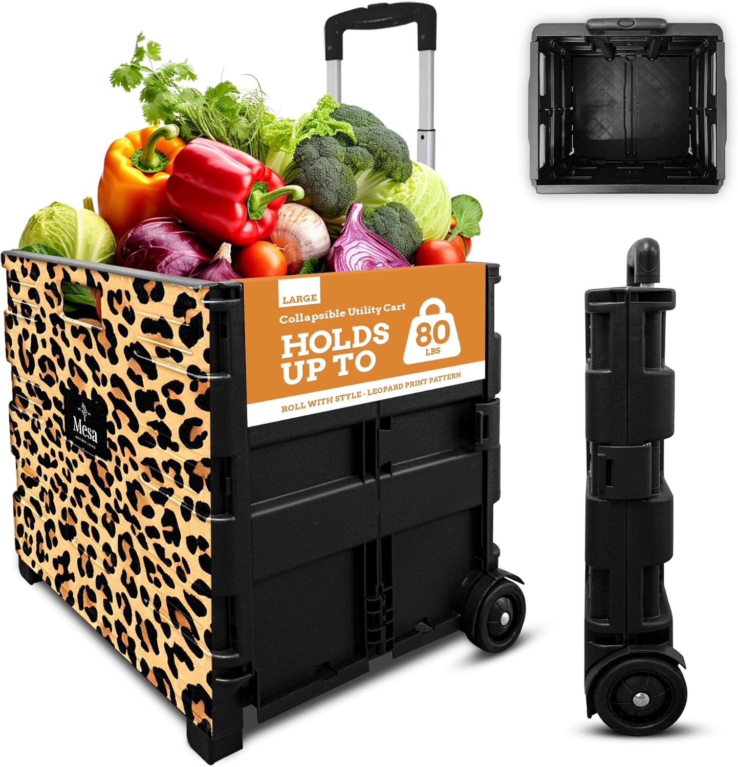 Inspired Living Ultra-Slim Rolling Collapsible Storage Pack-N-Roll Utility-carts, with Telescopic Handle, for Home, Garden, Shopping, Office, School use, Large, Leopard