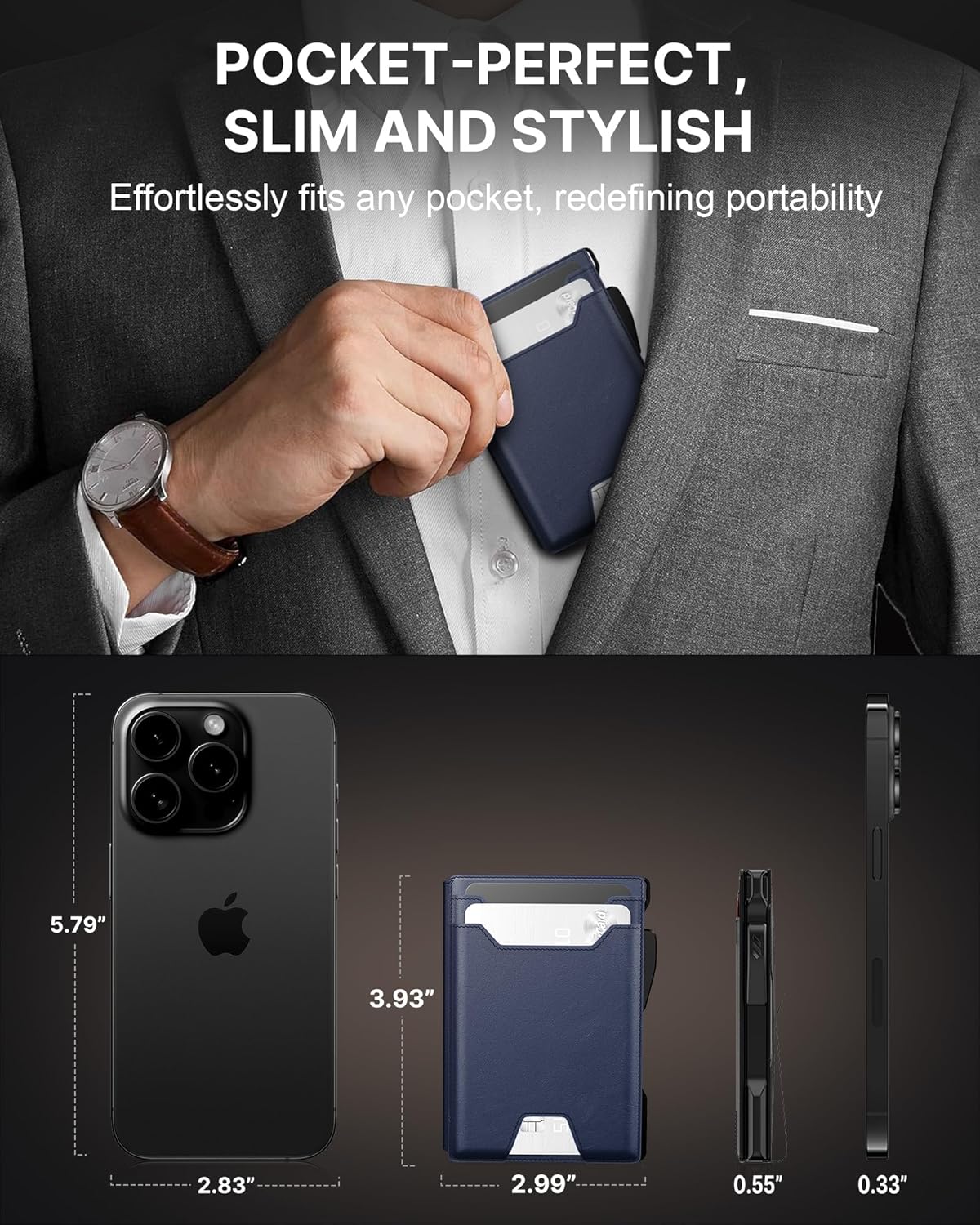 typecase Wallet for Men: Rfid-blocking with Money Clip Slim Leather Bifold ID Window Smart Pop Up Card Case Front Pocket Wallet with Gift Box (Navy Blue)