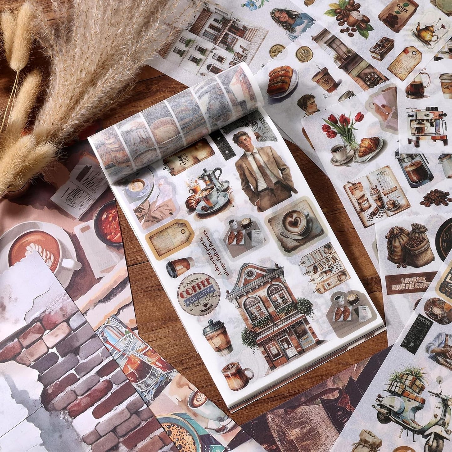 Scrapbooking Stickers - 500 Pre-Cut Washi Stickers & 20 Scrapbook Papers Coffee and People Sticker Books for journaling Scrapbooking Supplies
