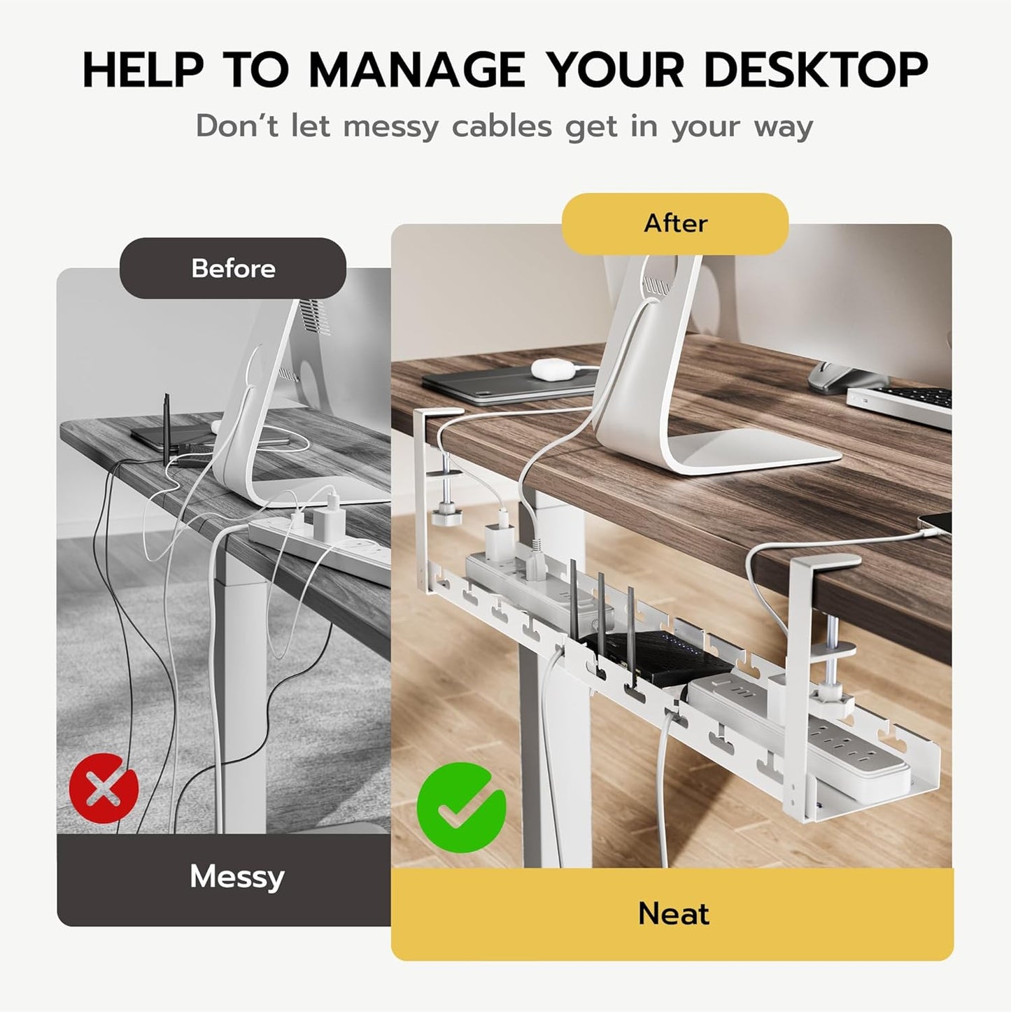 ARES WING 17"-28.7" Extendable Under Desk Cable Management Tray with Cable Slots, Clamp On Cord Organizer Holds Up to 11 lbs, White Metal Under Desk Storage for Office and Gaming Accessories