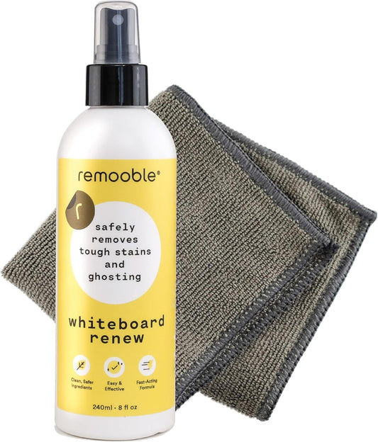 Remooble Dry Erase Whiteboard Cleaner Spray & Microfiber Cleaning Cloth - Safely Removes Tough Stains and Ghosting, 8 oz.