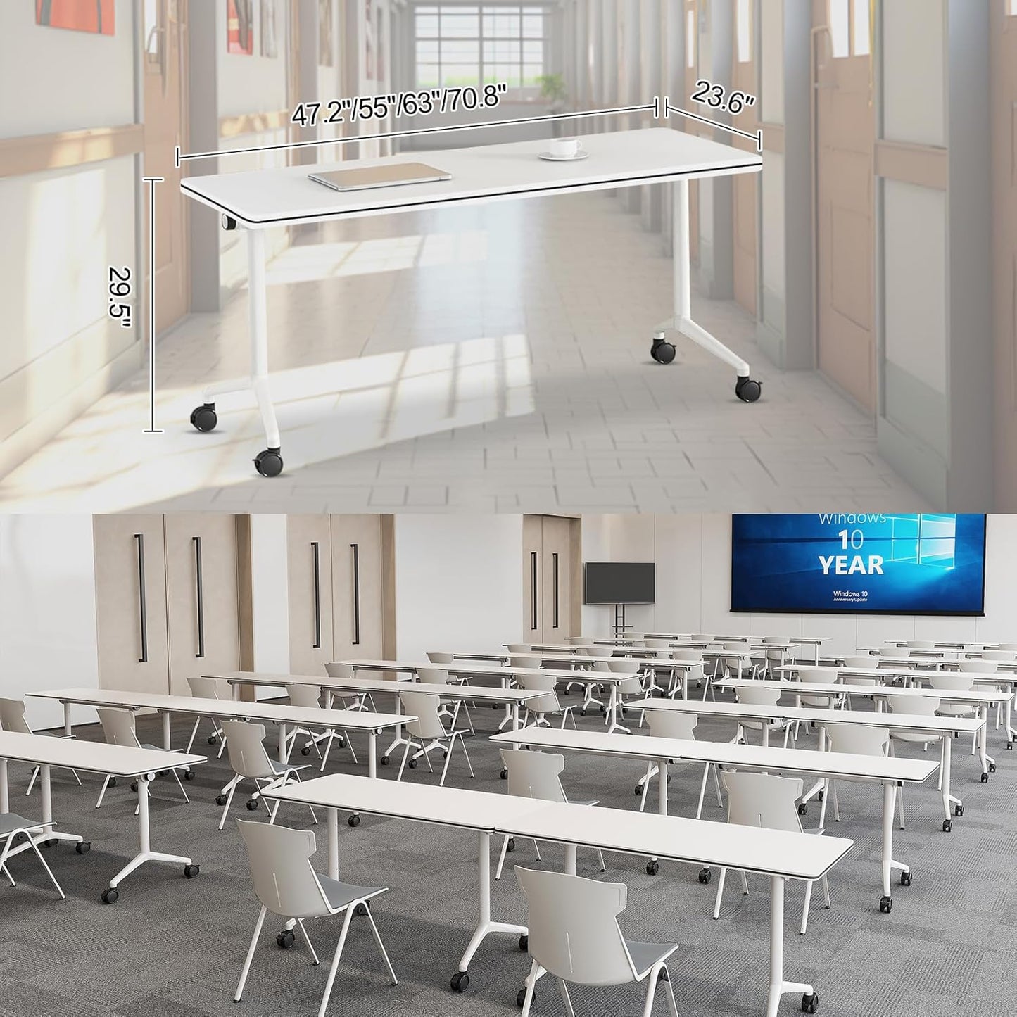 Folding Conference Room Tables 6 Pack, Foldable Modern Mobile Meeting Table Desk Training Table 6FT Large Rolling OfficeTable for Conference Training Classroom (6, 55" * 23.6" * 29.5")