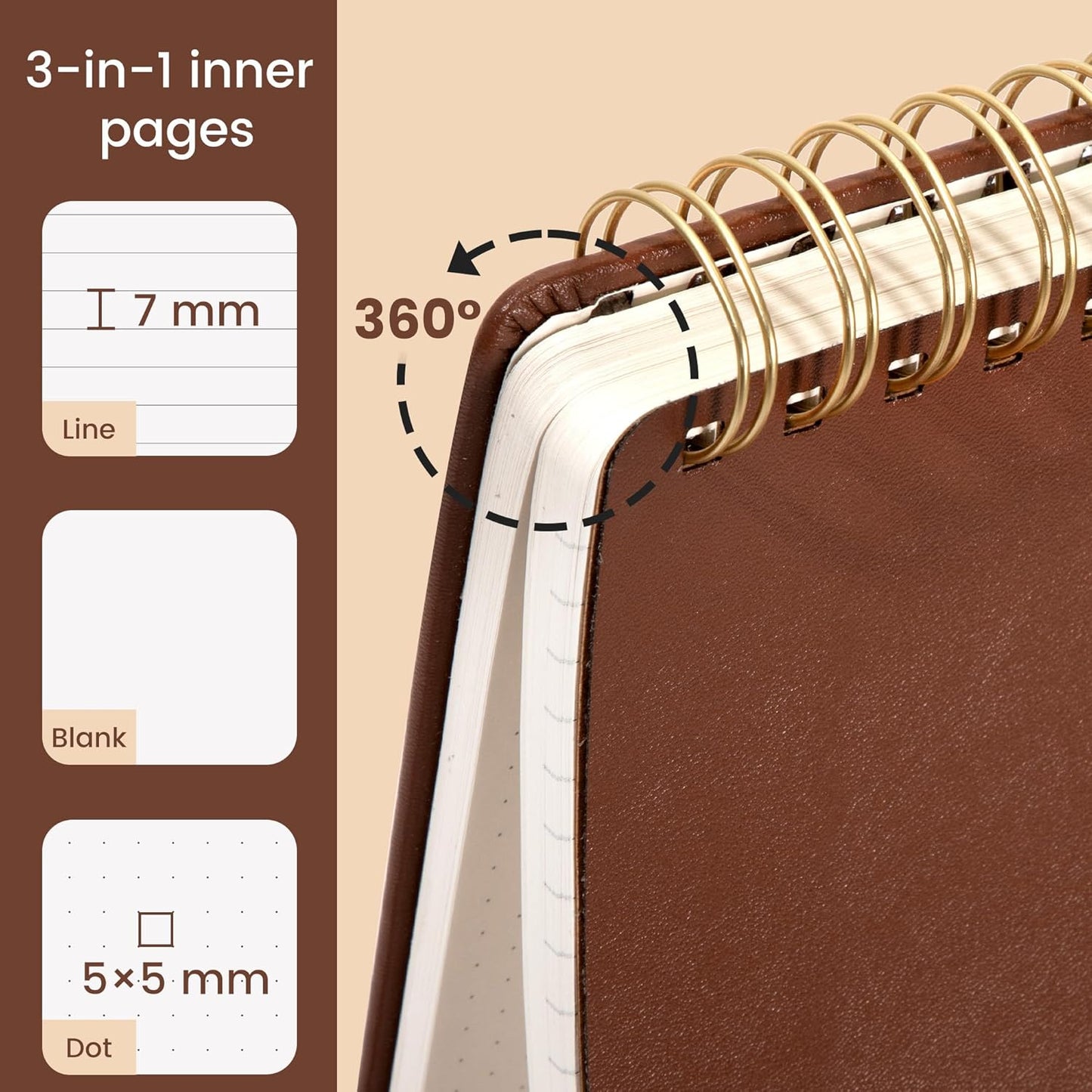 Yoment Top Spiral Notebook Leather Large Steno Pads 240 Pages Spiral Notepad for Work 7x10 Top Bound Steno Notebook, 100 GSM Thick Paper, Left Handed Notebooks for Office College School, Brown