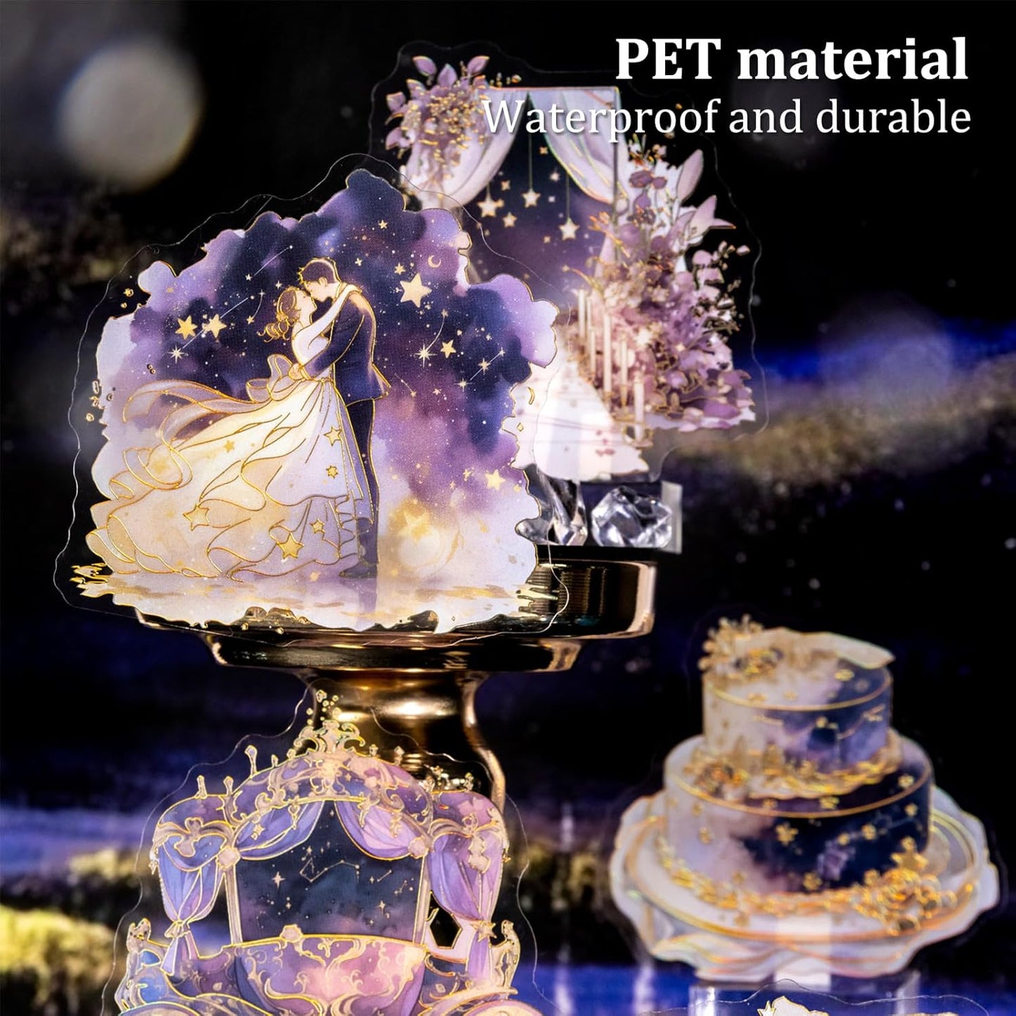 Fantasy Celestial PET Sticker Set, 60PCS Gold Foil Scrapbook Stickers for Journaling, Planners, DIY Crafts, and Art Supplies