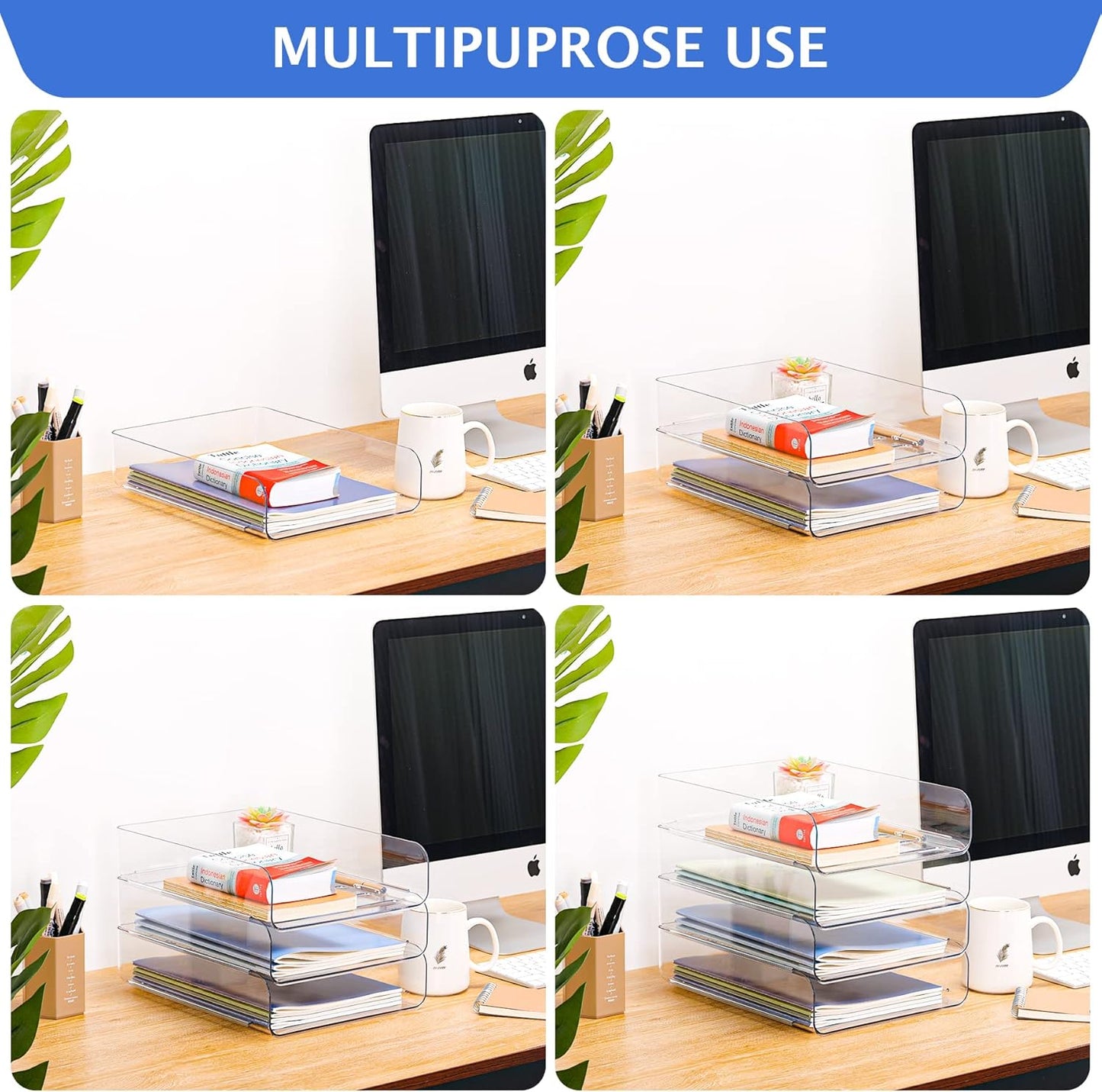 Set of 4 Office Organization and Storage, Clear PET Letter Tray Desk Organizer, Stackable Paper Tray Organizer for Desk Accessories, Notes, Pens, File Paper, Document