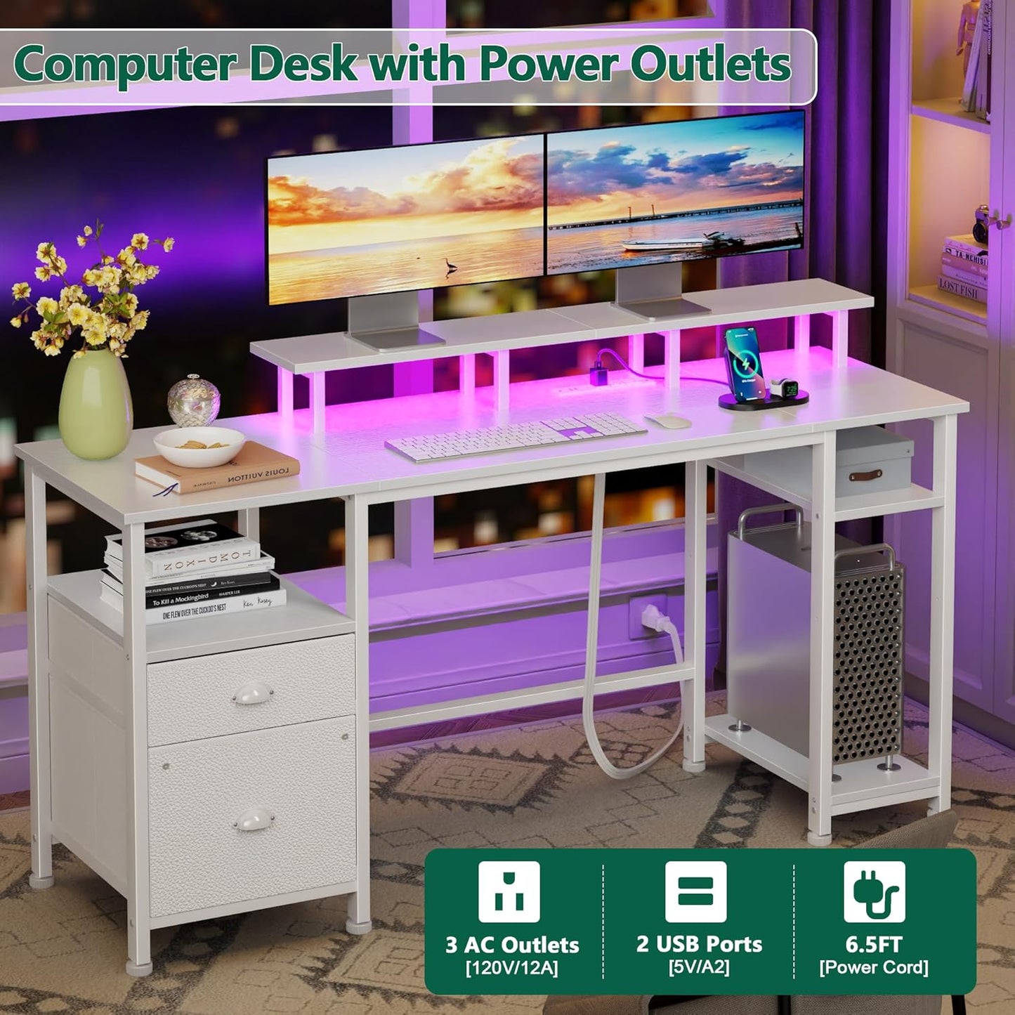 Furologee 61" Computer Desk with Power Outlet and LED Lights, Reversible Gaming Desk with File Cabinet & Monitor Stand for Home Office, Large Work Table with Storage Shelves & Drawer, White