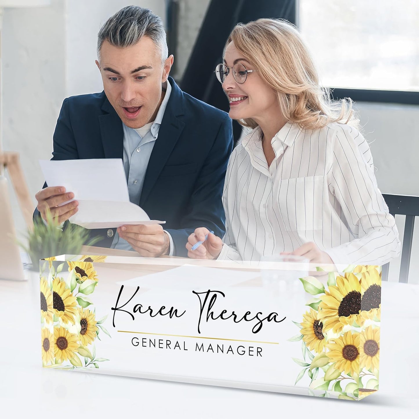 Custom Sunflower Office Name Plate, Personalized Gifts for Women & Employees, Appreciation Gifts for Boss & Teacher, Office Desk Accessories