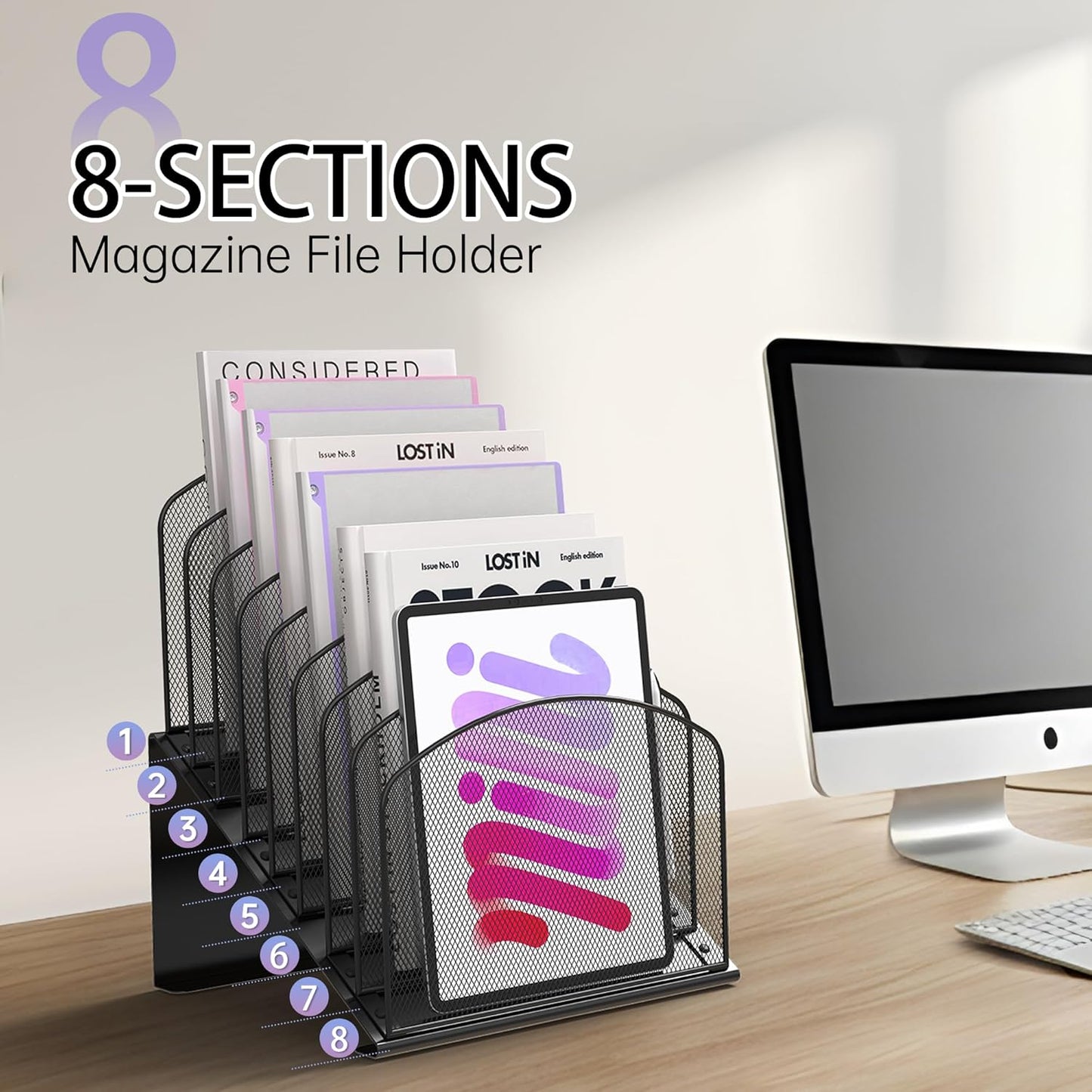 Inclined Desk File Organizer Metal Desk Magazine Folder Holder with 8-Section Vertical Compartments Rack File Organizer for Office, Home, School, Black