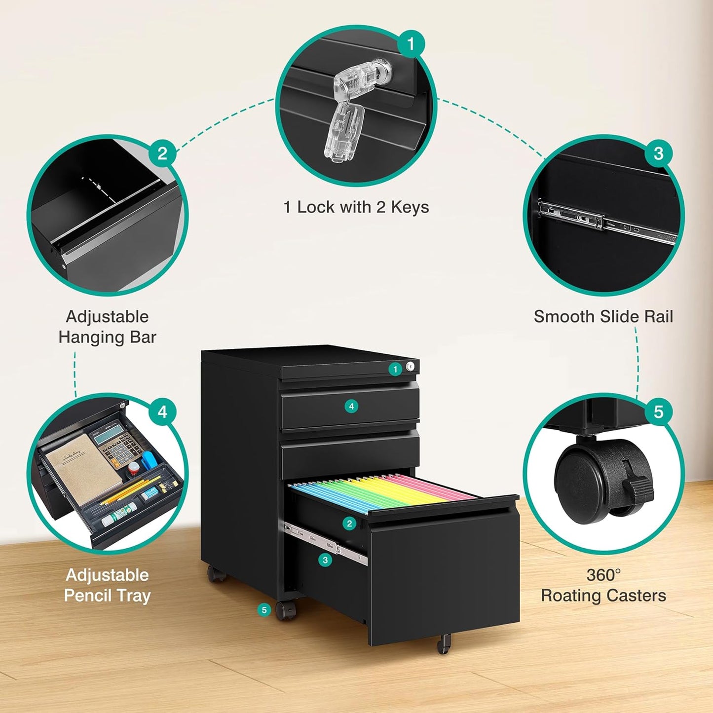 3 Drawer File Cabinet with Lock,Under Desk File Cabinet with Wheels,Black Rolling Filing Cabinets,Three Drawer Metal Filing Cabinet for Home Office,Fit A4/Letter/Legal File,- Assembly Required