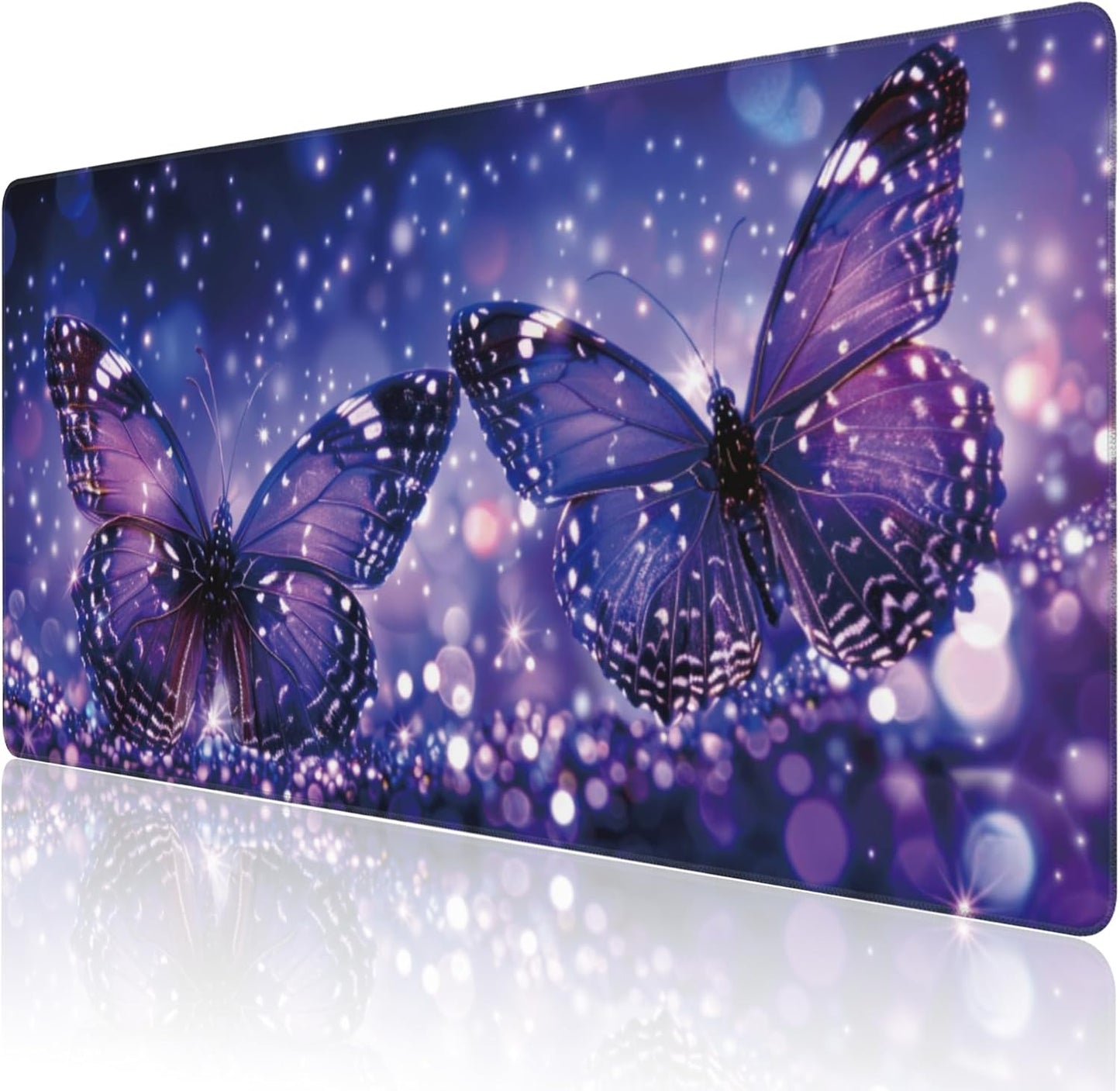 Extended Large Gaming Mouse Pad, Sparkling Purple Butterflies Large Desk Mat for Desktop, Non-Slip Rubber Base Stitched Edges Long Computer Keyboard Desk Pad Mouse Mat for Home Office 35.4"X15.7"