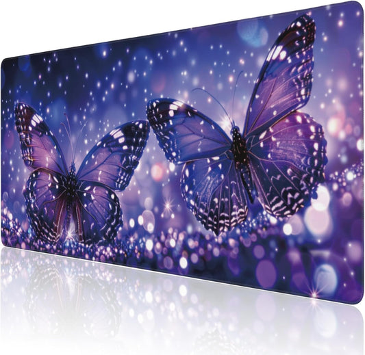 Extended Large Gaming Mouse Pad, Sparkling Purple Butterflies Large Desk Mat for Desktop, Non-Slip Rubber Base Stitched Edges Long Computer Keyboard Desk Pad Mouse Mat for Home Office 35.4"X15.7"