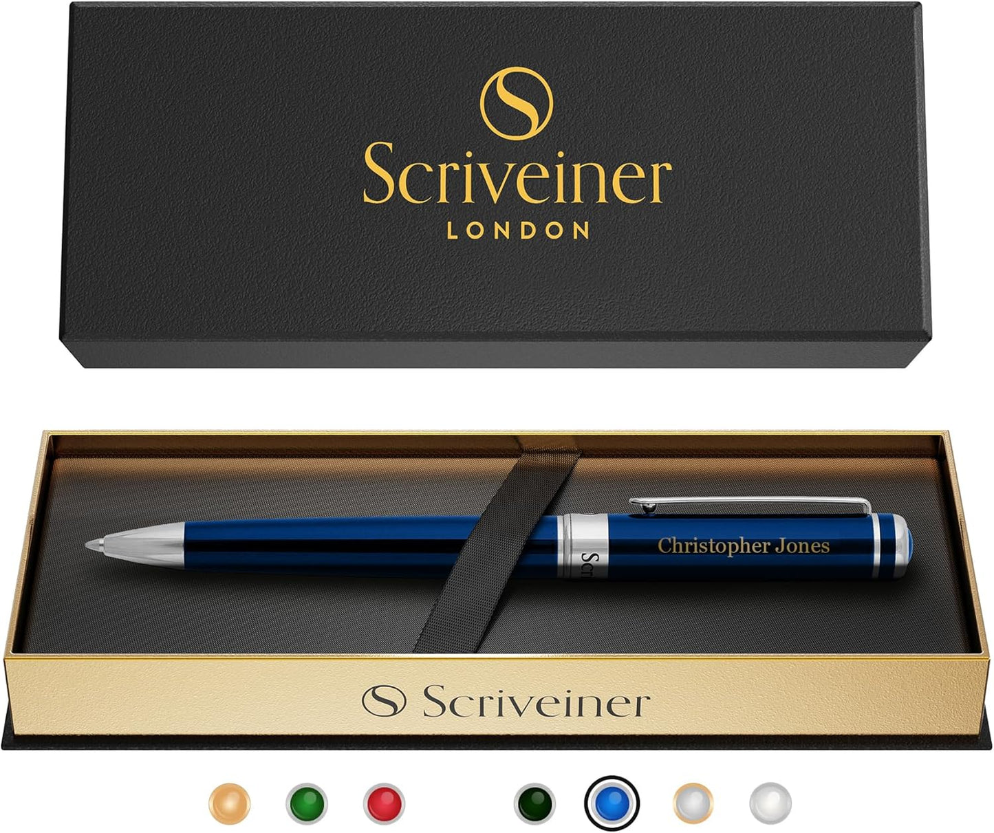 Scriveiner Personalized Midnight Blue Pen - Stunning Blue Lacquer Luxury Pen, Chrome Finish, Schmidt Ink Refill, Best Engraved Ball Point Gift Set for Men & Women, Custom Name Engraving