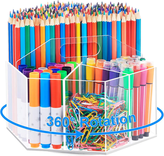 Marbrasse Acrylic Pen Holder, 360-degree Rotating Clear Pen Organizer for Desk, Desktop Stationery Organizer Caddy for Office School Home & Art Supplies (Acrylic Hexagon)