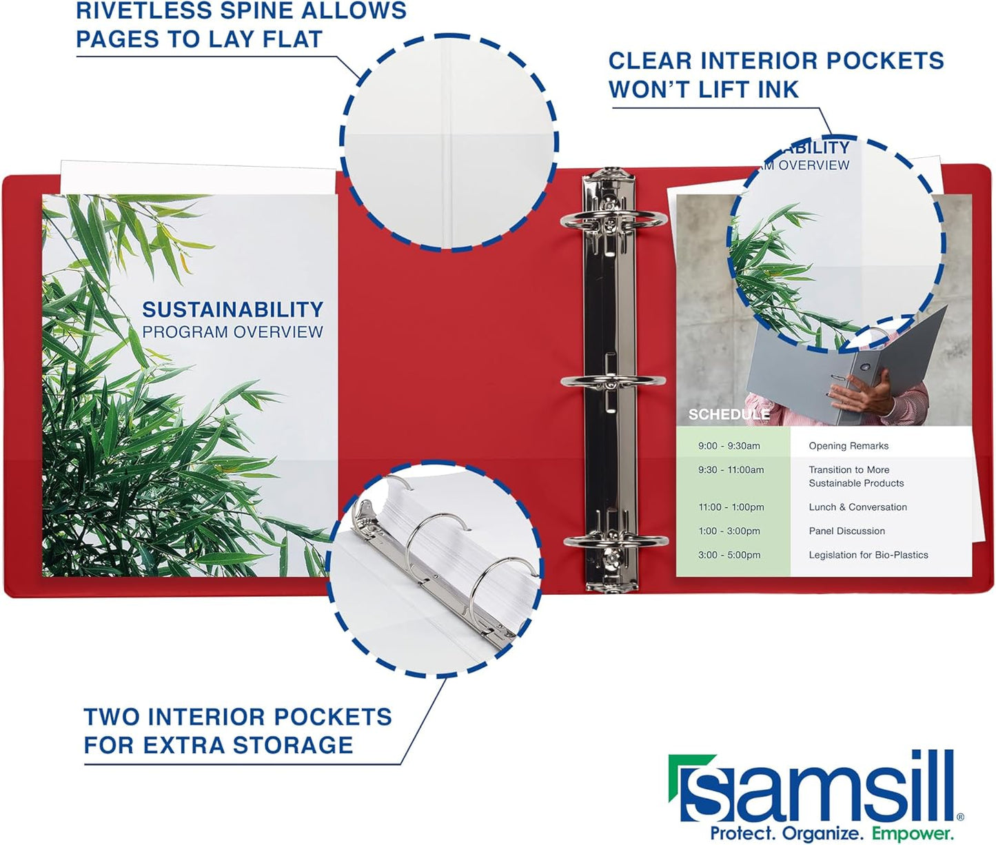 Samsill 1 Inch 3 Ring Binders, Made in USA, Economy Round Ring, Clear View Cover, 200 Sheet Capacity - for School, Home, Office - Red, 4 Pack