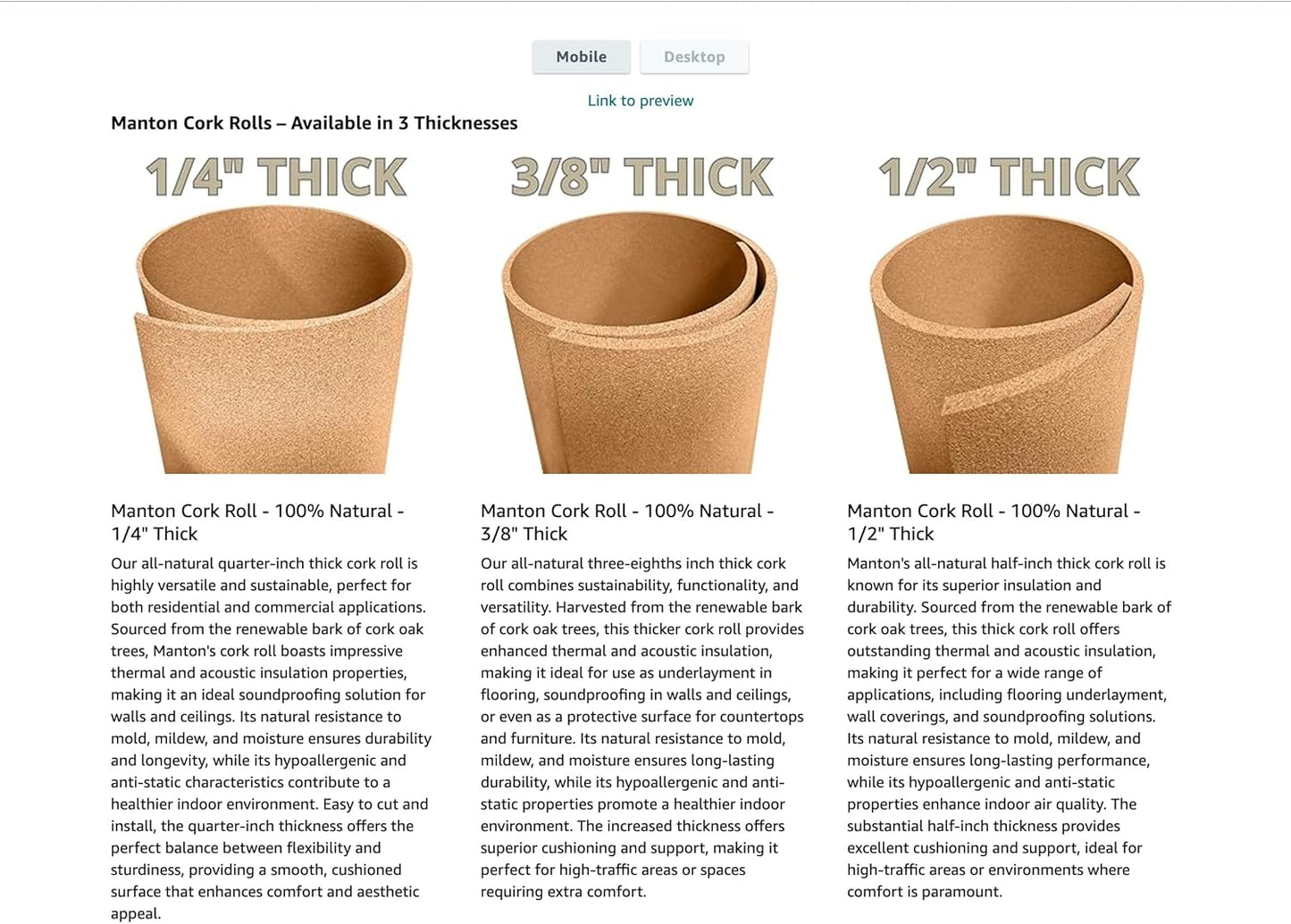 Manton Cork Premium Cork Roll - 3’ x 6’ x 1/4”, 100% Natural Facing Grade Material, Custom Cut Cork for Home, School, and Office Walls & Bulletin Boards