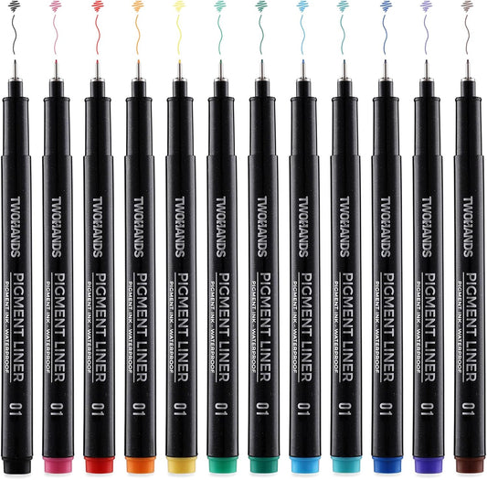 TWOHANDS Micro Pens 01,Art Pens,Fineliner Ink Pens,Set of 12 Technical Drawing pen,Pigment Pen,Fine Point,colord,Waterproof,for Art Watercolor,Sketching,Anime,Manga, 21281
