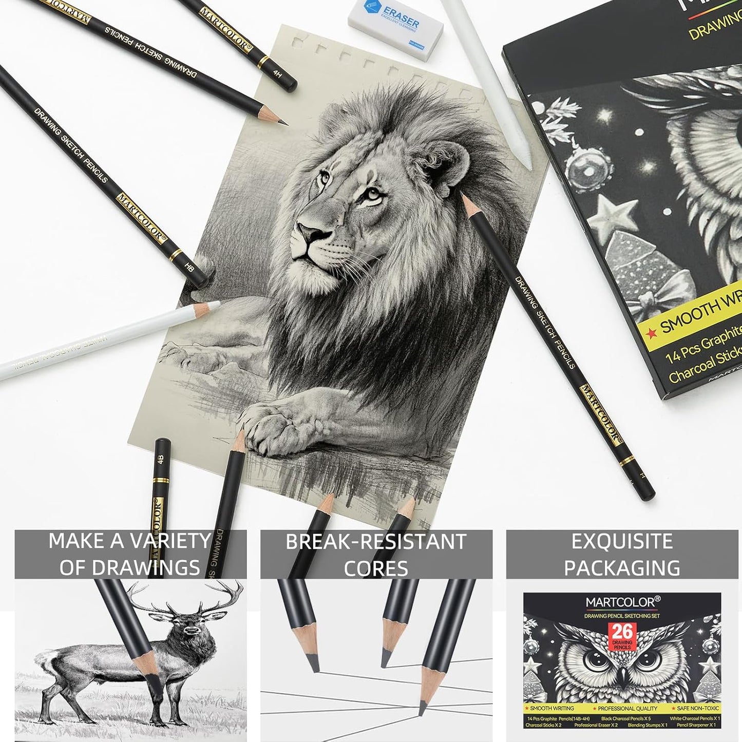 Drawing Sketching Pencil Set, 26 Pieces, Graphite Pencils (14B-4H), Charcoal Pencils, Charcoal Sticks, Blending Stump, Eraser, Sharpeners, Artist Pencils for Beginners & Pro Artists