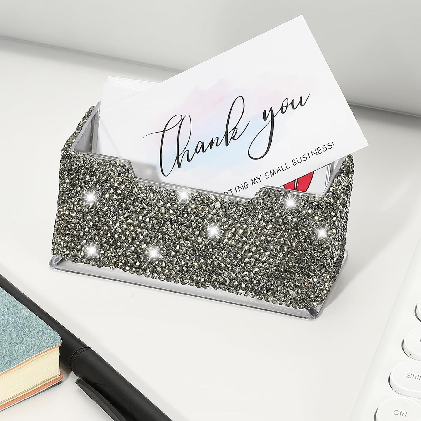 PATIKIL Rhinestone Business Card Holder, Crystal Business Card Holders Bling Business Card Organizer Display Stand for Desktop Desk Office Exhibition, Grey