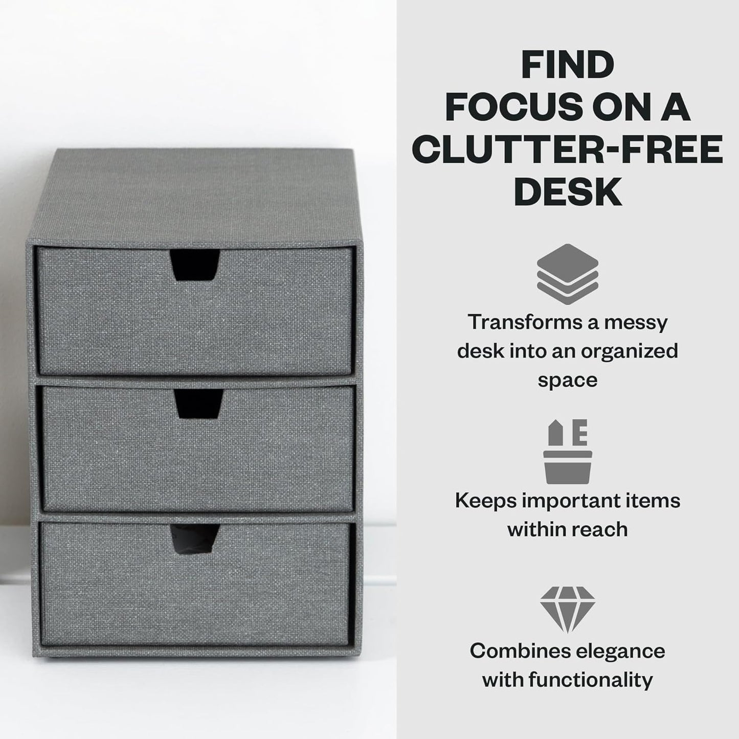 Bigso Box of Sweden Ingrid 3-Drawer Canvas Fiberboard Desk Organizer for Office Supplies and Accessories - Stackable Makeup Drawer Organizer - 6.3in x 9.9in x 8.1in - Grey