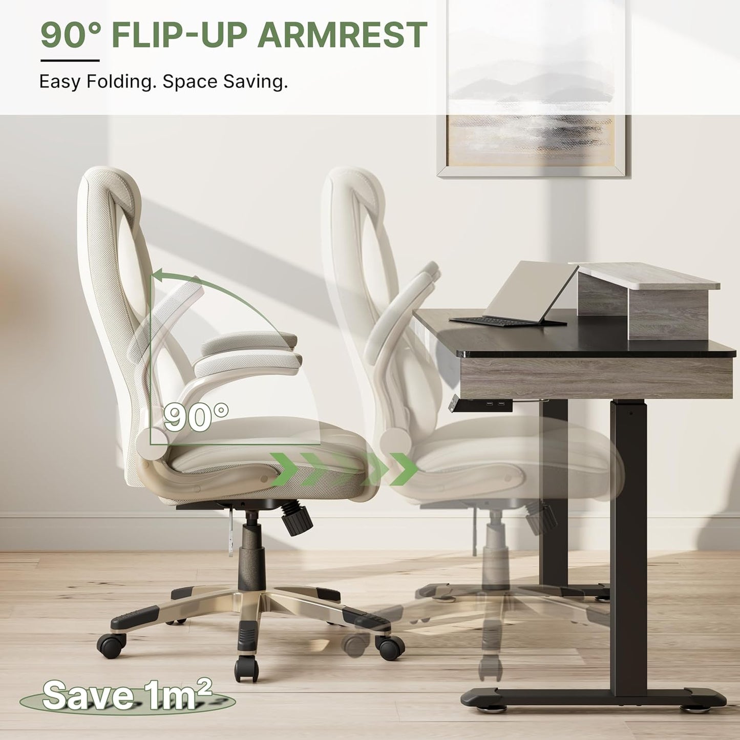 EUREKA ERGONOMIC Executive Office Chair Flip Up Arm Rest, Ergonomic Desk Chair Faux Leather Computer Chair, High Back Office Chair with Headrest, Home Office Desk Chairs with Wheels, Beige