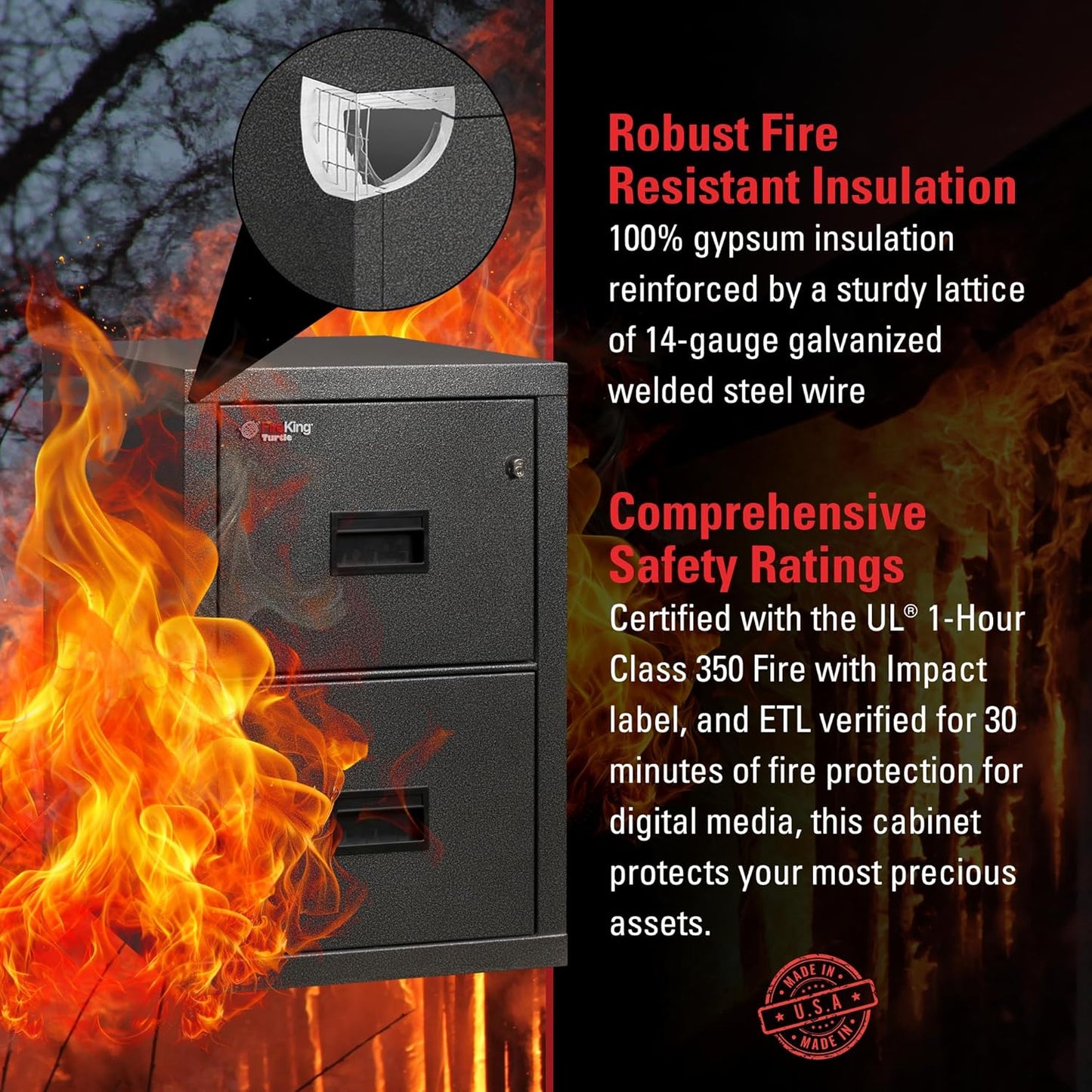 FireKing Turtle Vertical 2 Drawer Legal and Letter Fire Safe File Cabinet with Key Lock, 1 Hour Fire Rated, UL Rated & Water Resistant Home Safe, Filing Cabinet, Made in The USA, Black