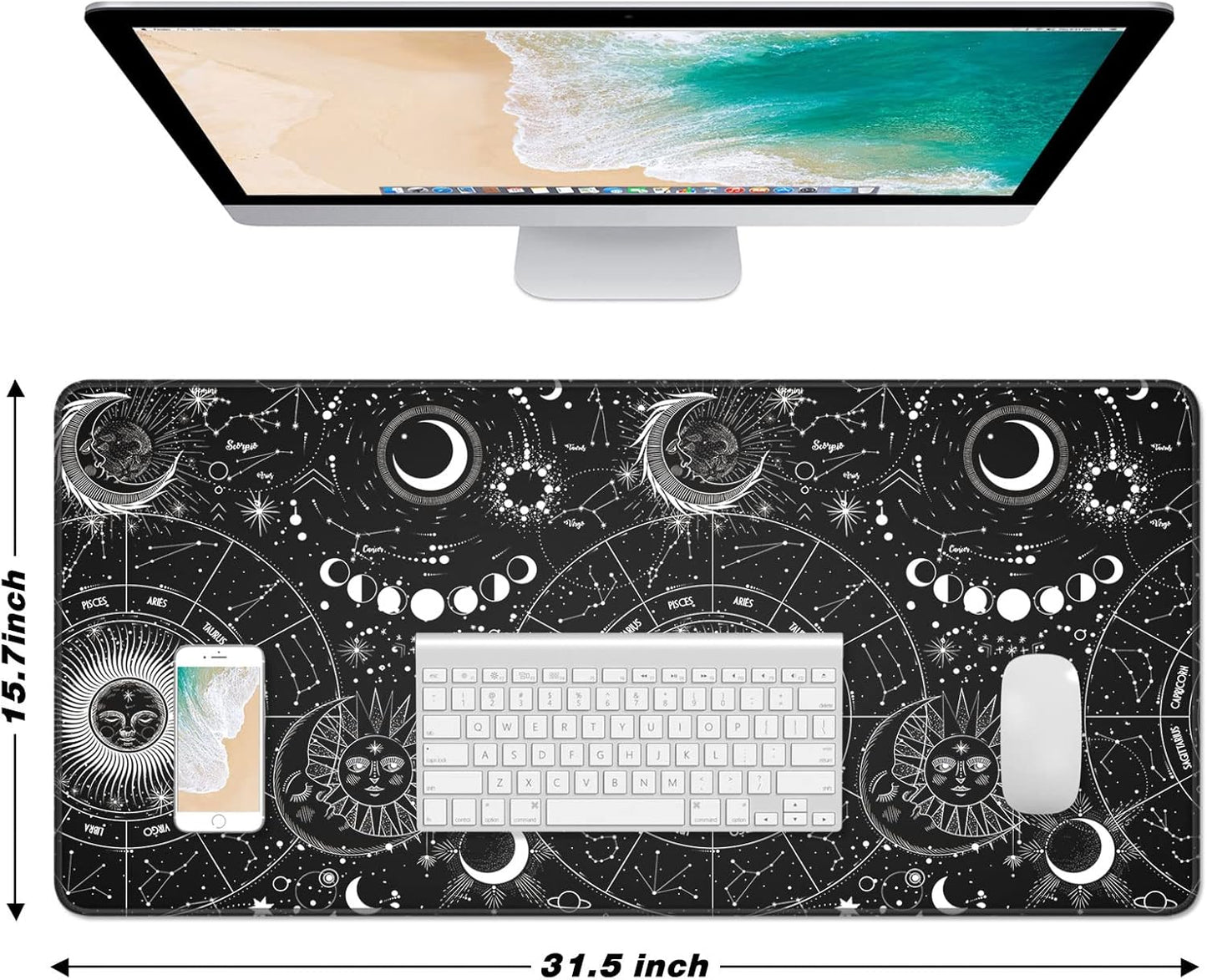 Extended Large Mouse Pad, XXL Gaming Mousepad 31.5 x 15.7 Inch, Big Computer Keyboard Desk Pad, Waterproof Mouse Mat with Stitched Edges and Non-Slip Base for Office Gaming, Sun Moon