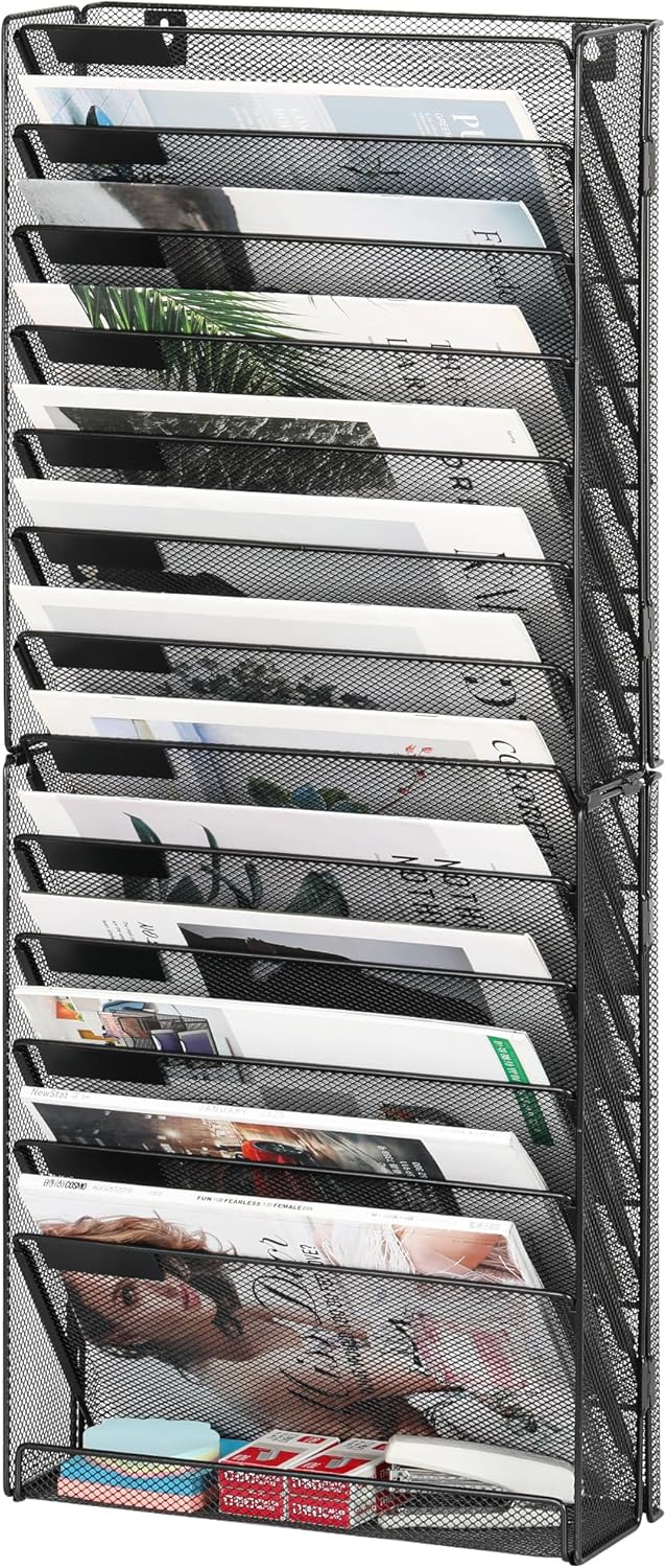 14-Tier Wall File Organizer, Hanging Mail Organizer Wall Mounted Paper Document Holder, Metal Clipboard Storage Basket for Office Home School Organization, Black