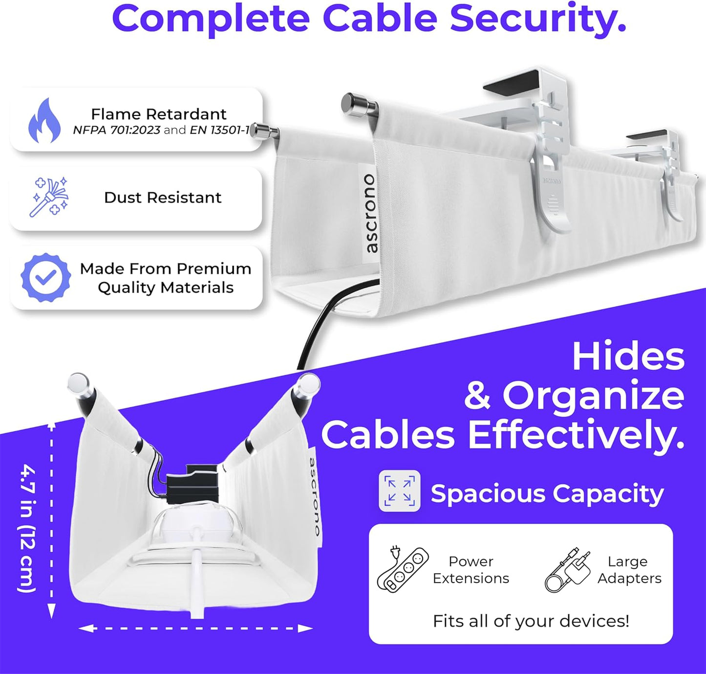 Original No Drill Under Desk Cable Management Tray 27.3" - Premium White Fabric Cable Management Under Desk - Clamp/Screw Mount Cord Organizer - Supports Upto 66lbs