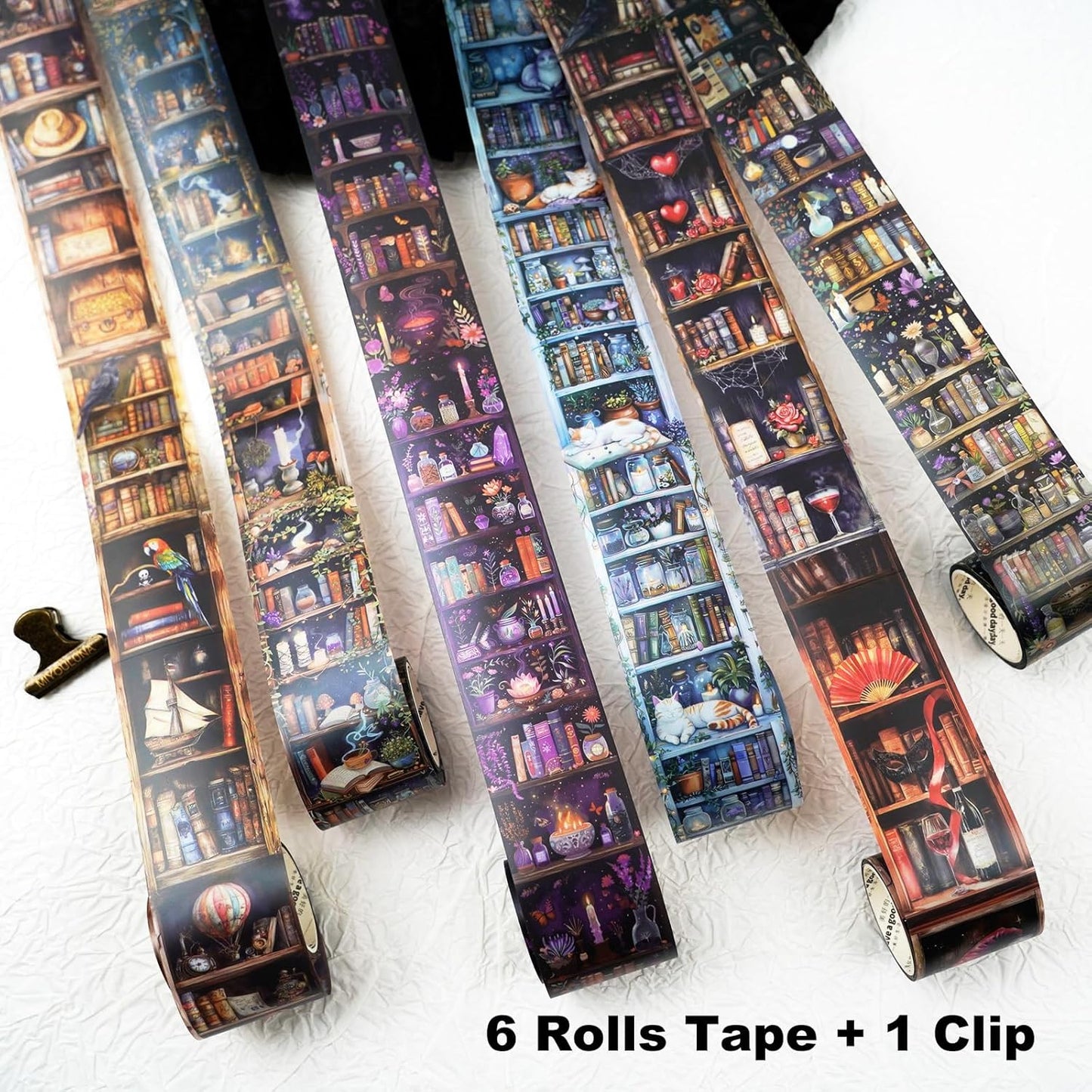 6 Rolls Dark Magic Bookcase PET Tape Set with Clip, Waterproof Gothic Scrapbook Sticker Rolls for Journaling, Bullet Diary, and Ephemera Craft Supplies