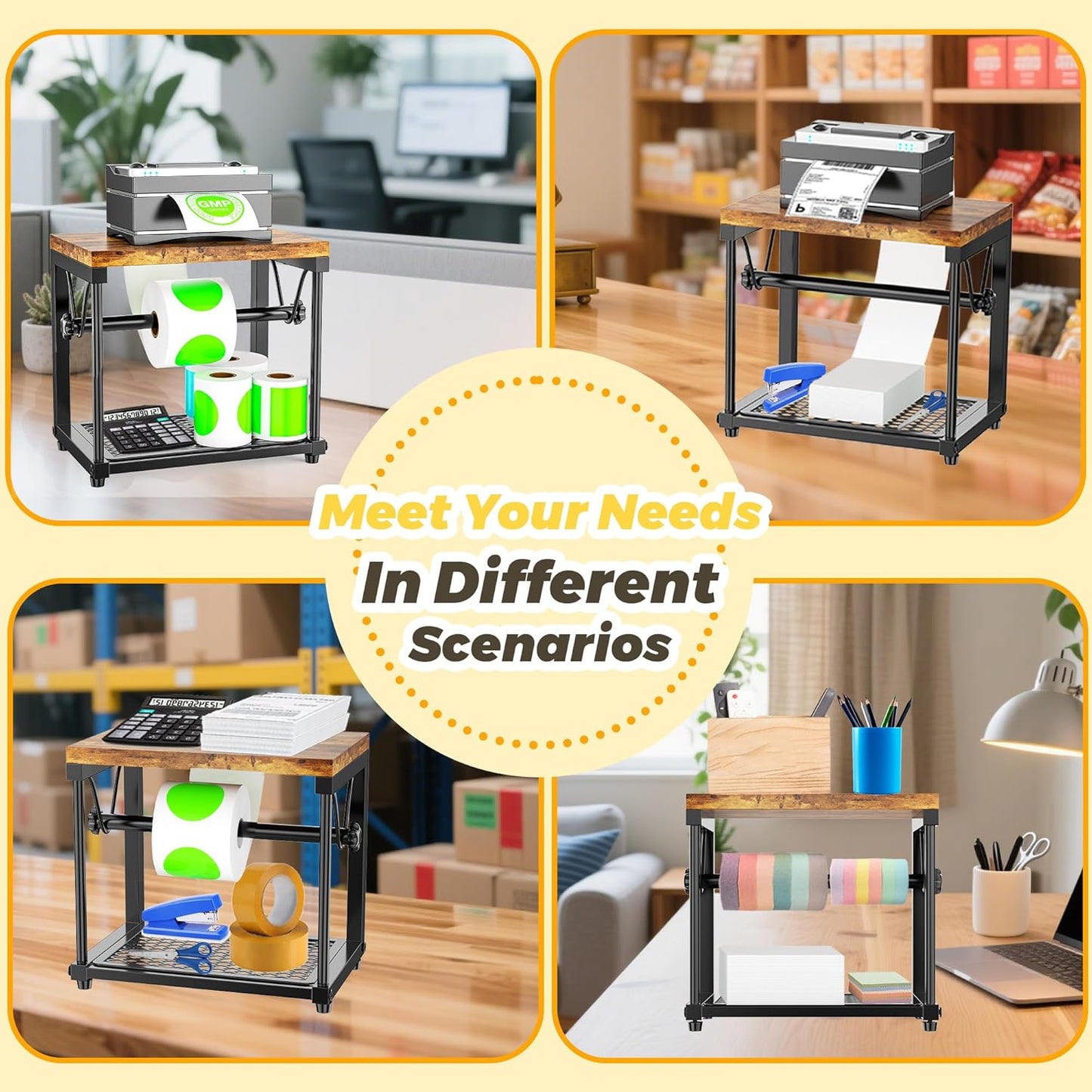 Label Holder for Rolls and Fan-Fold Labels, Wooden Sticker Dispenser for Desktop Thermal Printer, Sticker Roll Holder Organizer, Shipping Label Stand for Home, Office, Small Business (Black)