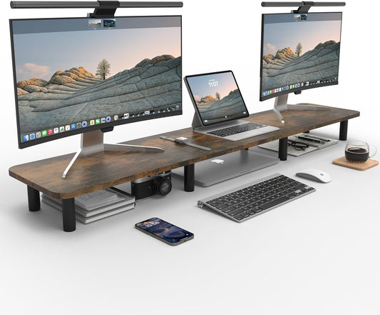 Dual Monitor Stand - 43.7 inch Extra Long Wide TV Stand - Wood & Steel Leg Desktop Riser - Desk Organization - Home Office (Vintage)