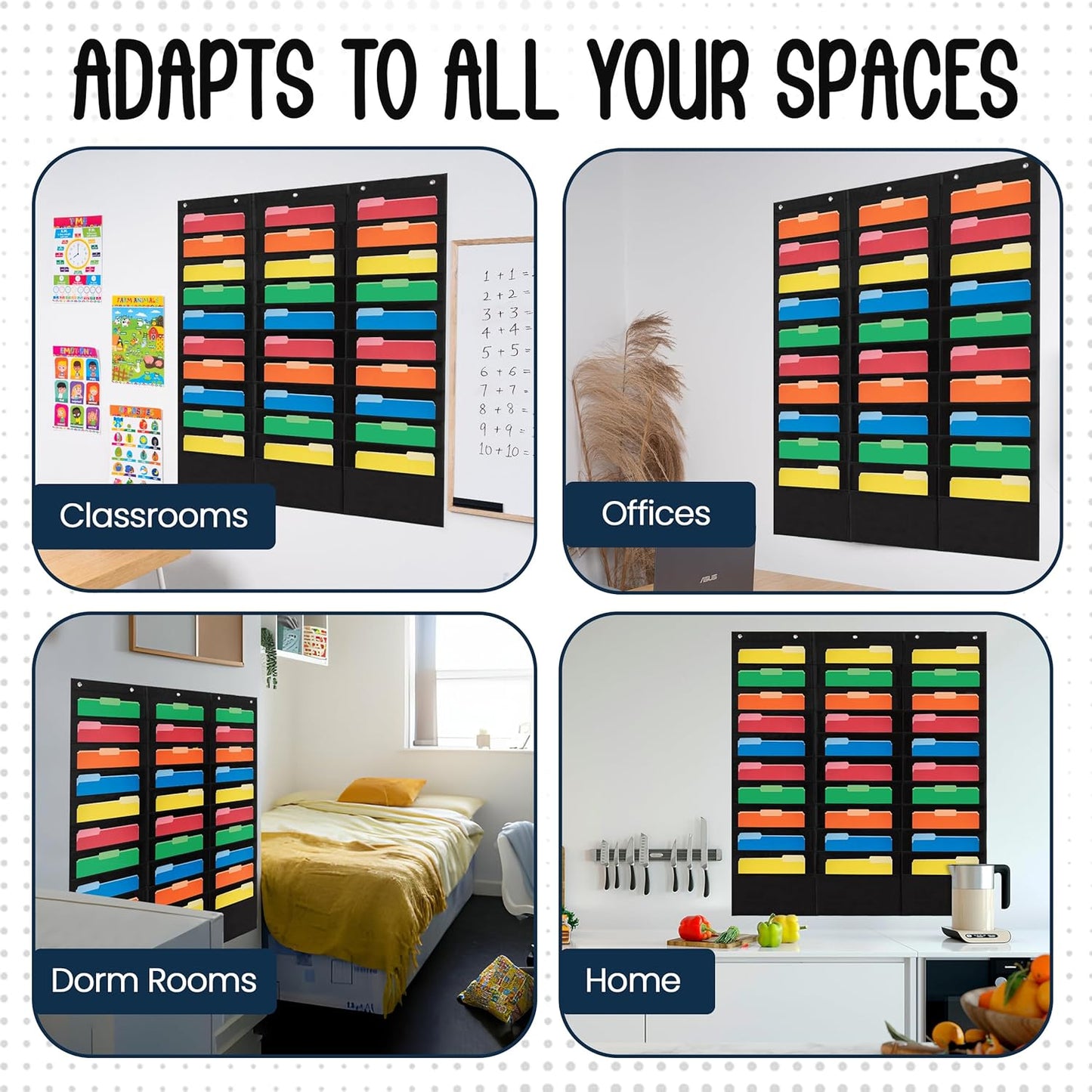 Essex Wares - 30 Pocket File Pocket Chart, Black, 42" Wide x 47" Tall - Versatile Wall Hanging File Folder Organizer for Classroom, Office, Home, and More - Wall Folder Organizer - 30 Pockets