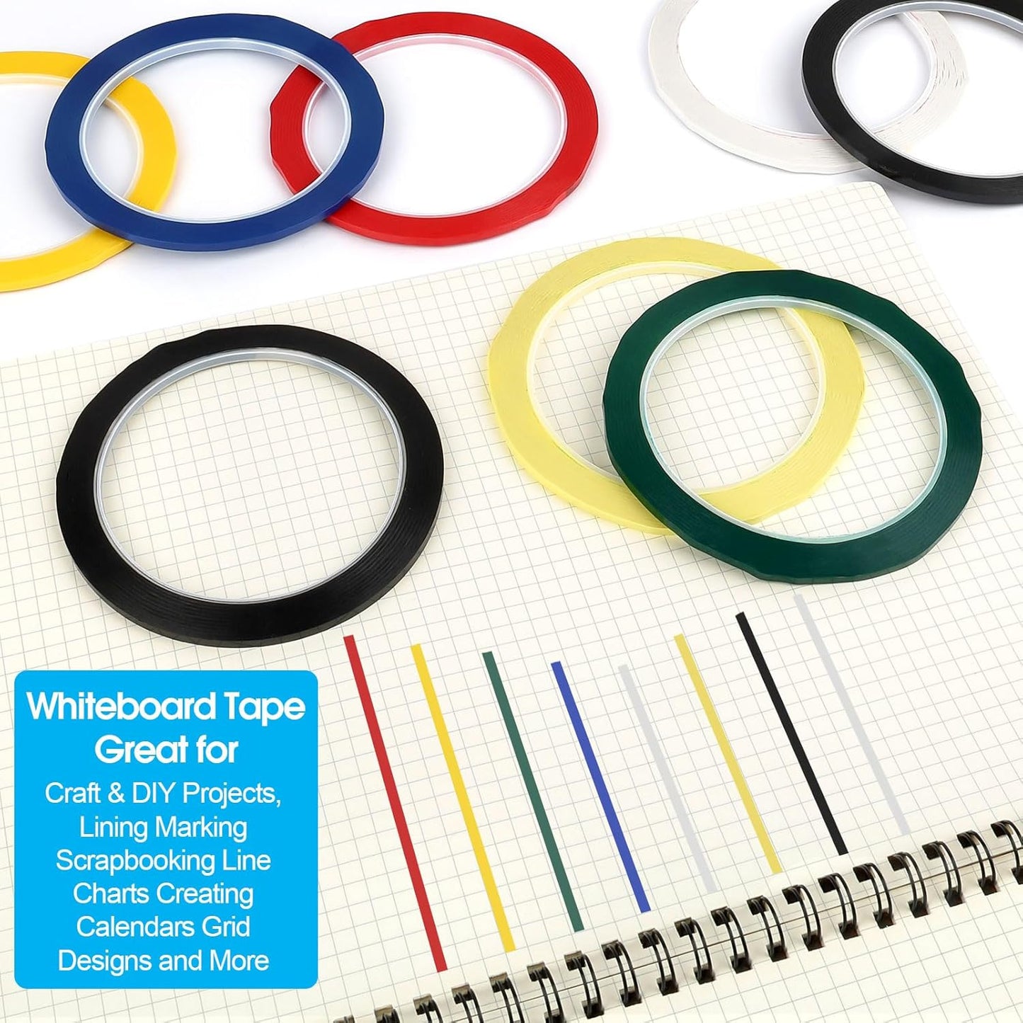 Whiteboard Tape, 16 Rolls 1/8 inch Pinstripe Tape Dry Erase Tape White Board Pinstriping Tape Line, Thin Colors Draping Tape 164 Feet Per Roll, Dry Erase and White Board Accessories, Chart Tape