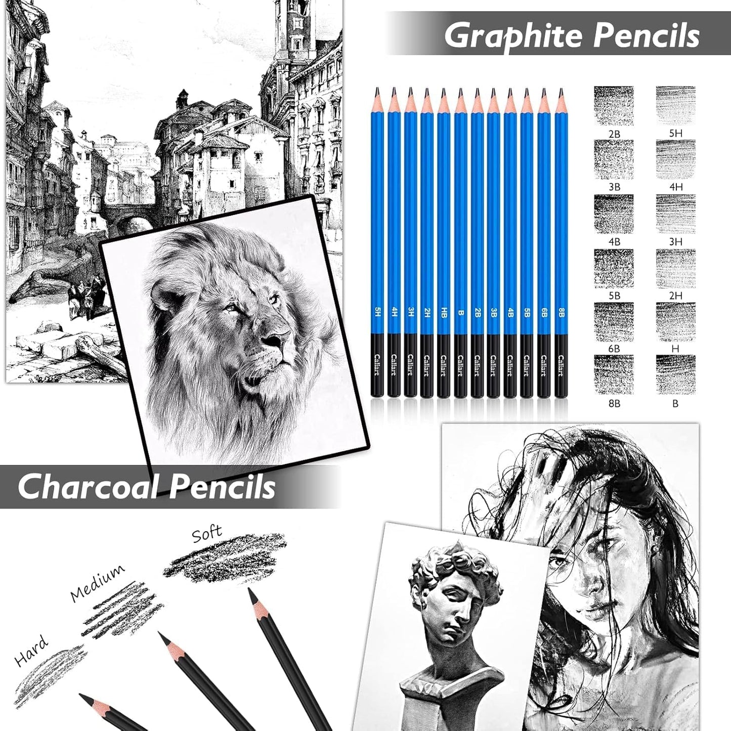 Caliart 176PCS Art Supplies Sketching Kit with 100 Sheets 3-Color Sketch Book, Graphite Colored Charcoal Watercolor & Metallic Pencils, School Supplies Gifts for Artists Adults Teens Girls Boys Kids