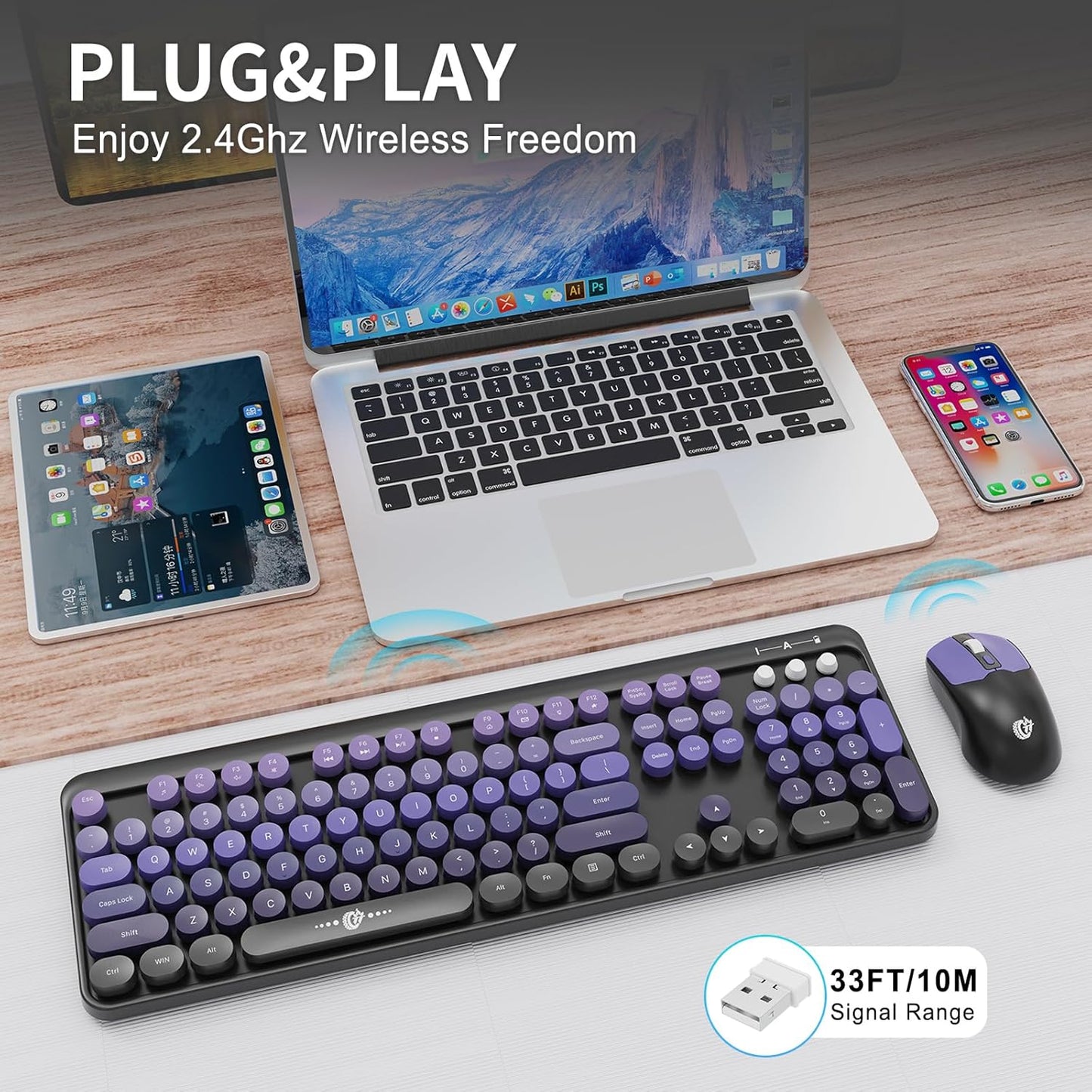 FOPETT Wireless Keyboard and Mouse Combo, 104 Keys Full-Sized 2.4 GHz Round Keycap Colorful Keyboards, USB Receiver Plug and Play, for Windows, Mac, PC, Laptop, Desktop (Black Purple)