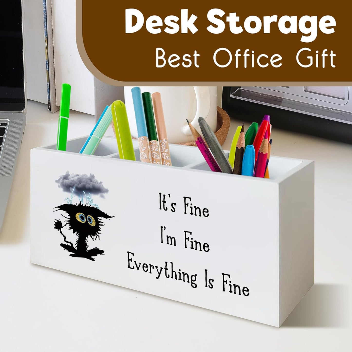 It's Fine I'm Fine Everything is Fine Funny Cat Pen Holder for Desk, Funny Desk Accessories for Work, Sarcastic Office Humor Gifts Wooden Pen Pencil Holder Organizer for Office