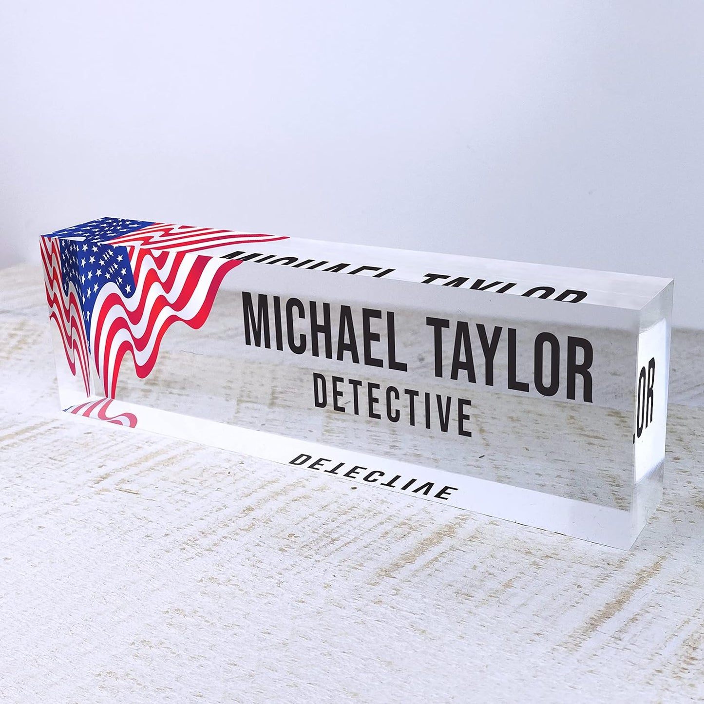 Artblox Office Desk Name Plate Personalized | Custom Name Plates for Desks | Us Flag Design On Clear Acrylic Glass | Office Desk Decor - (8" x 2.5")