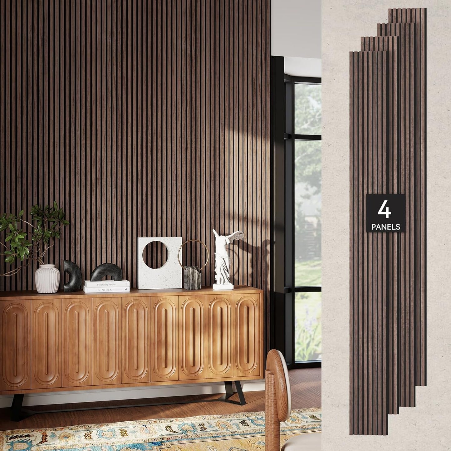 MISSDAY Wood Slat Acoustic Wall Panels, 4 Packs 94.5" x 12.6" Walnut Soundproof Panel For Interior Wall Decor Noise Absorbing-3D Textured Wooden Panel Sound-Absorbing for Home, Office, Studio