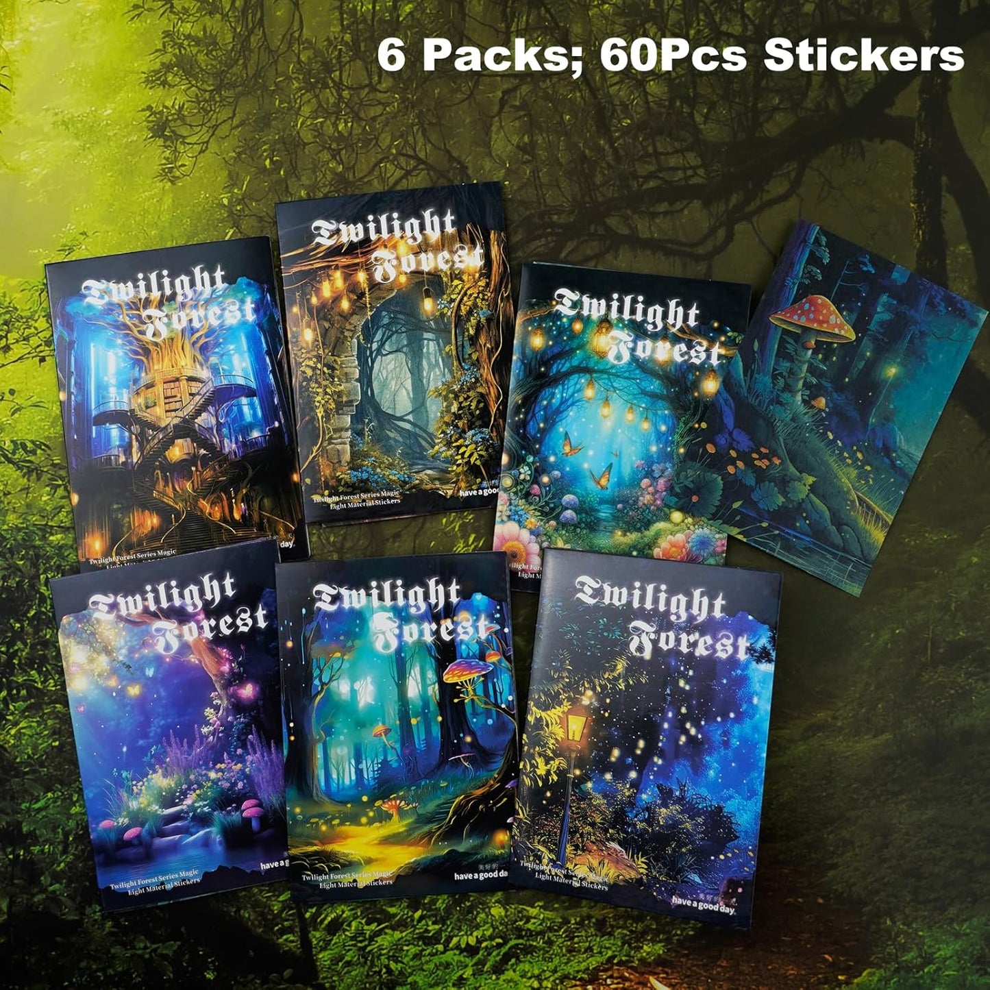 60PCS Twilight Forest Washi Stickers, Mystical Woodland Scenes for Journals, Scrapbooking, DIY Crafts and Gift Wrapping