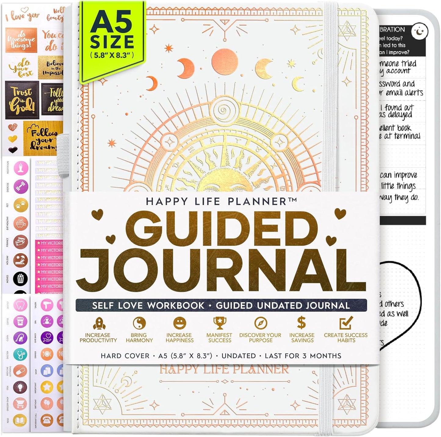 Guided Journal - Gratitude & Mental Health Journal for 5 Minute Daily | 90-Day Undated Planner for Positivity & Manifestation | Guided Mindfulness, Self Care & Reflection | Vision Board + Stickers