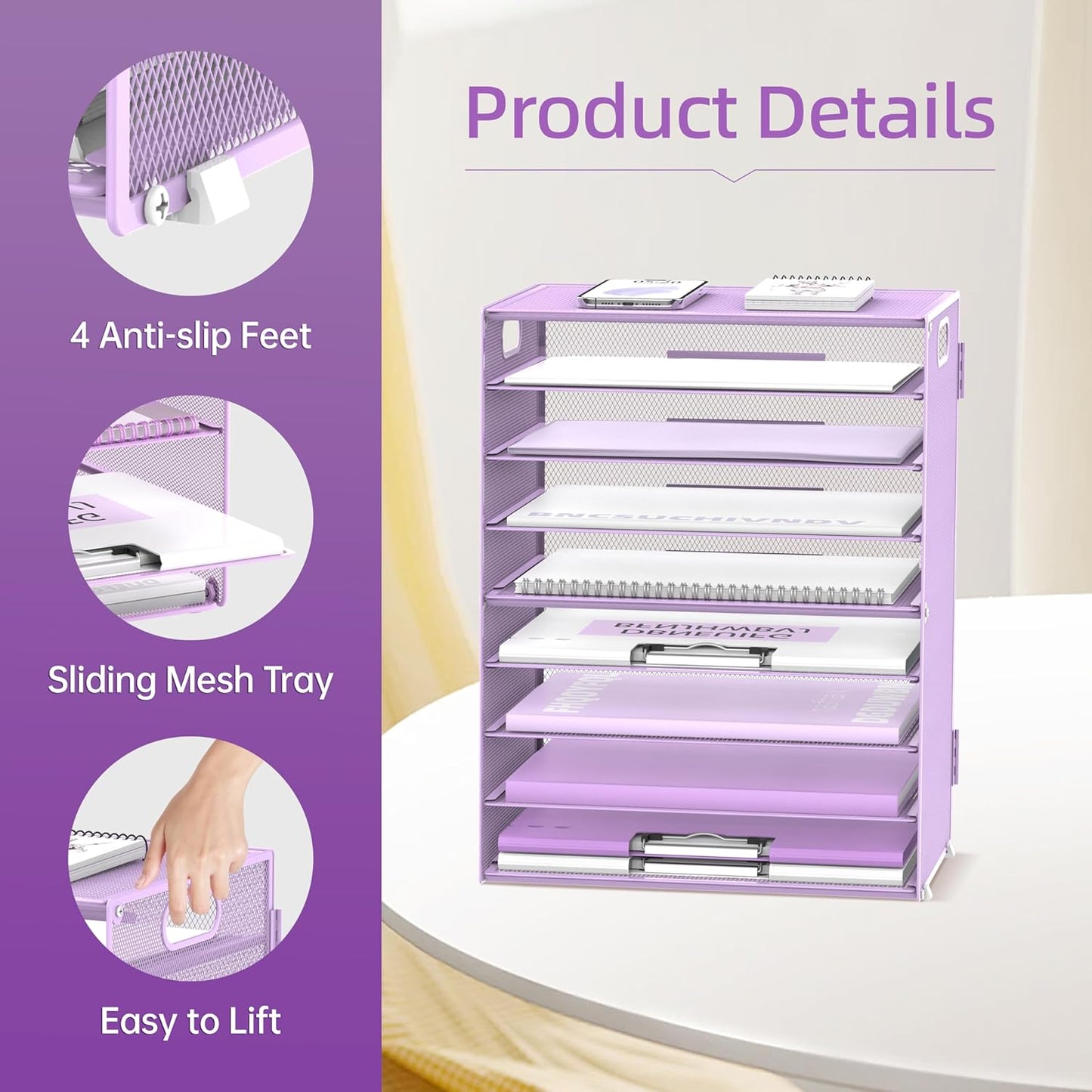 DALTACK 9-Tier Paper Letter Tray Desk Organizer with Handles, Mesh File Holder Organization, Paper Sorter Desk Organizer for Office Home School, Purple