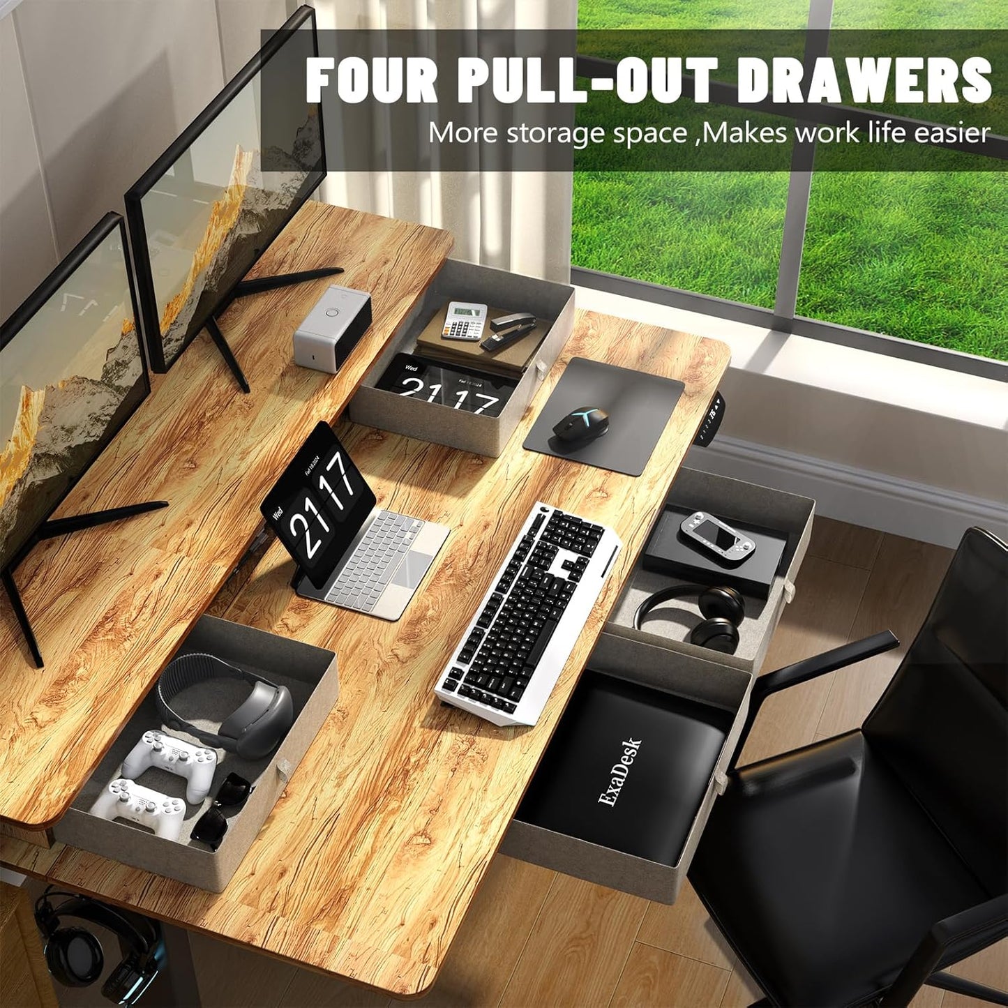 55 * 30 Inches Electric Standing Widened Desk Adjustable Height with 4 Drawers, Double Storage Shelves Stand Up Desk, Home Office Workstation Sit Stand up Desk (Light Rustic Brown)