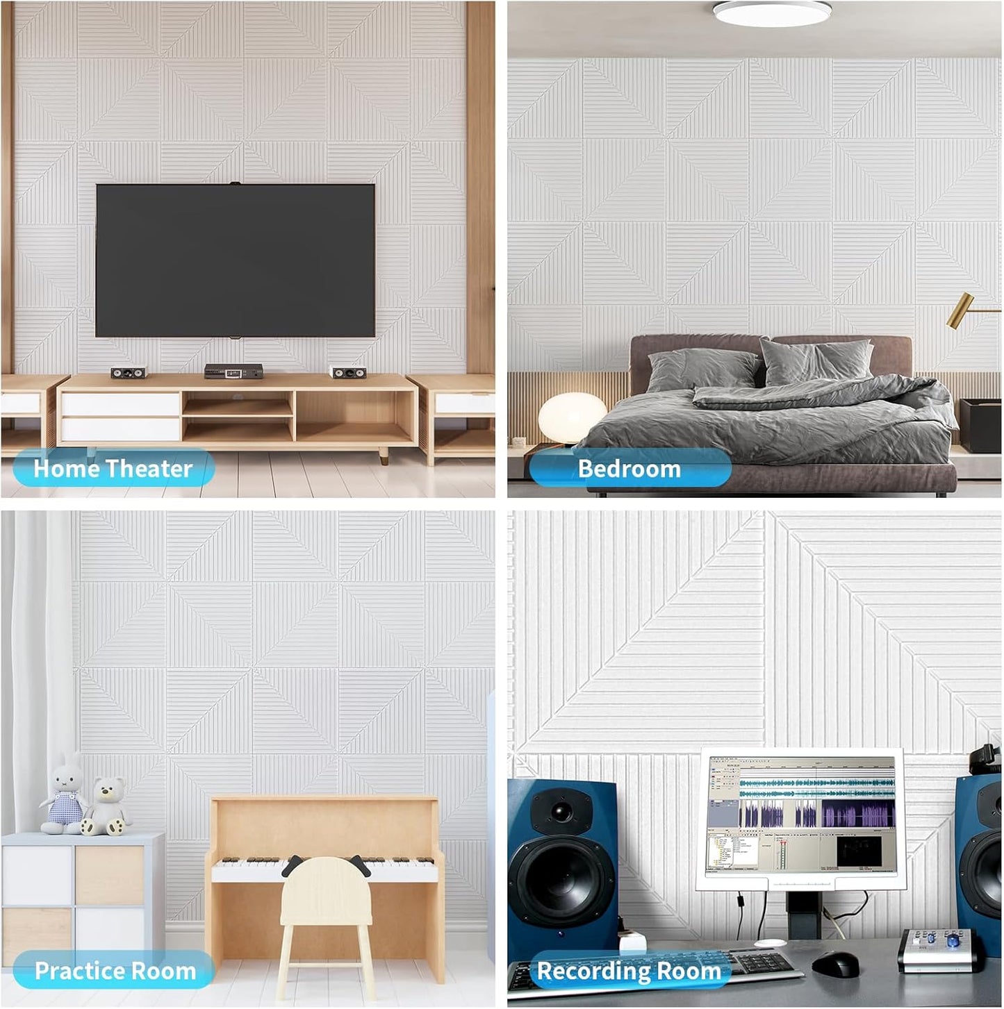 Art3d 6-Pack Self-Adhesive Acoustic Wall Panels for Home Décor, 24 x 24 Inch Soundproofing Panels for Office Studio Bedroom - High Noise Absorption Polyester Fiber, White