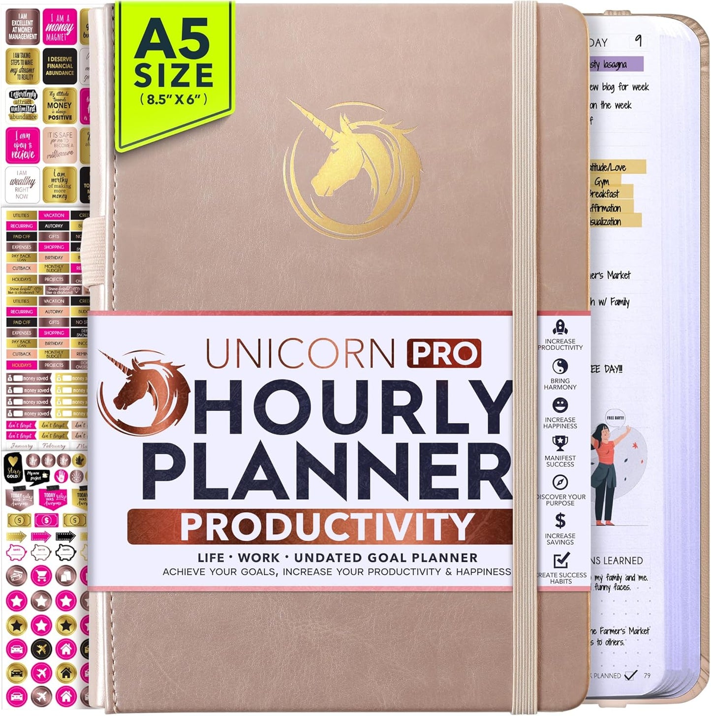 Hourly Planner - Undated Daily, Weekly & Monthly Planner with Budget Section | A 12 Month Journey to Increase Productivity & Happiness | Life Organizer & Gratitude Journal - Vertical Format