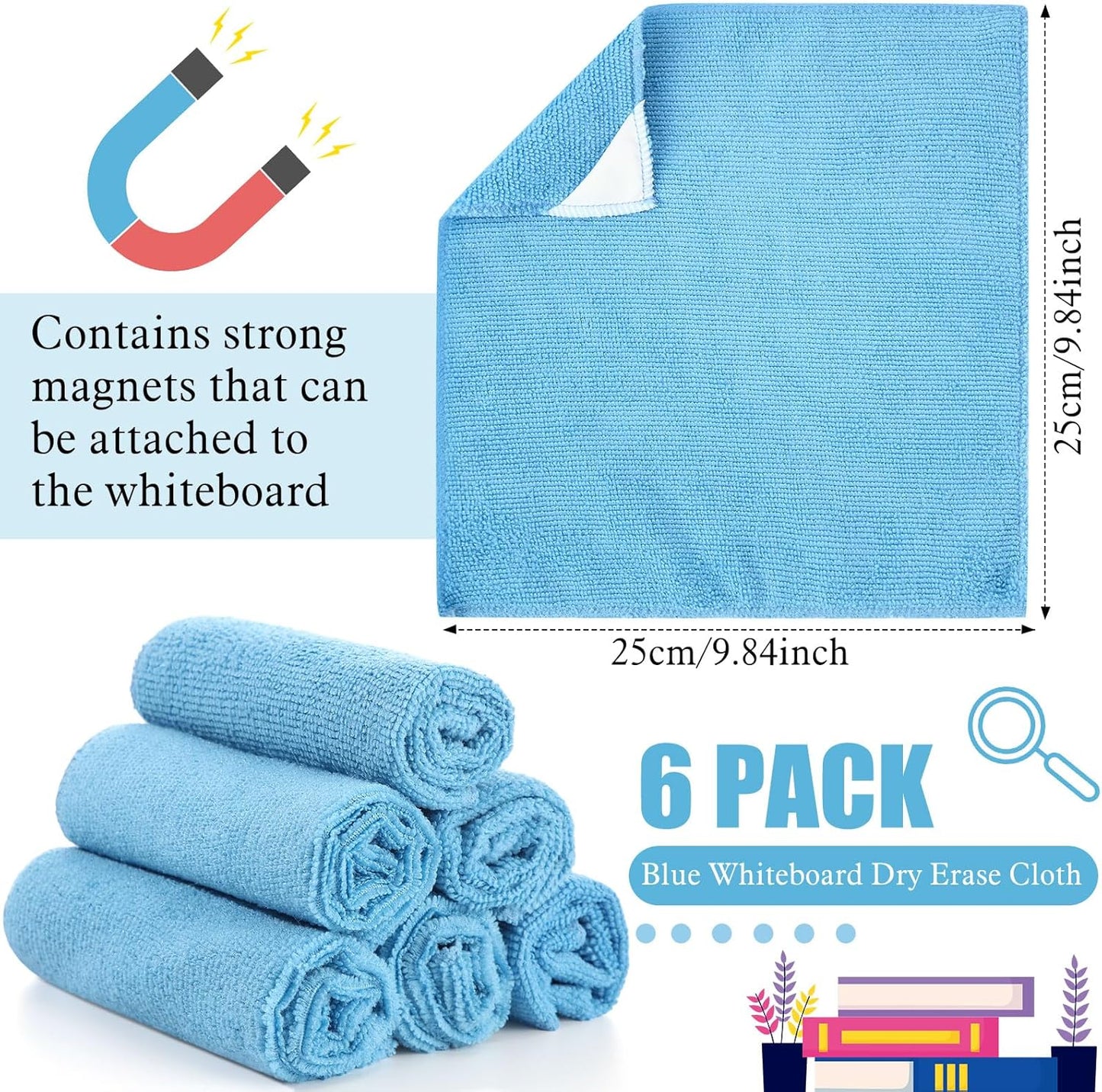 6 Pack Magnetic Whiteboard Cleaning Cloth Magnetism 10'' x 10'' Colorful Microfiber Dry Erase Cloth Reusable Washable Whiteboard Eraser for Classroom Home Office (Blue)
