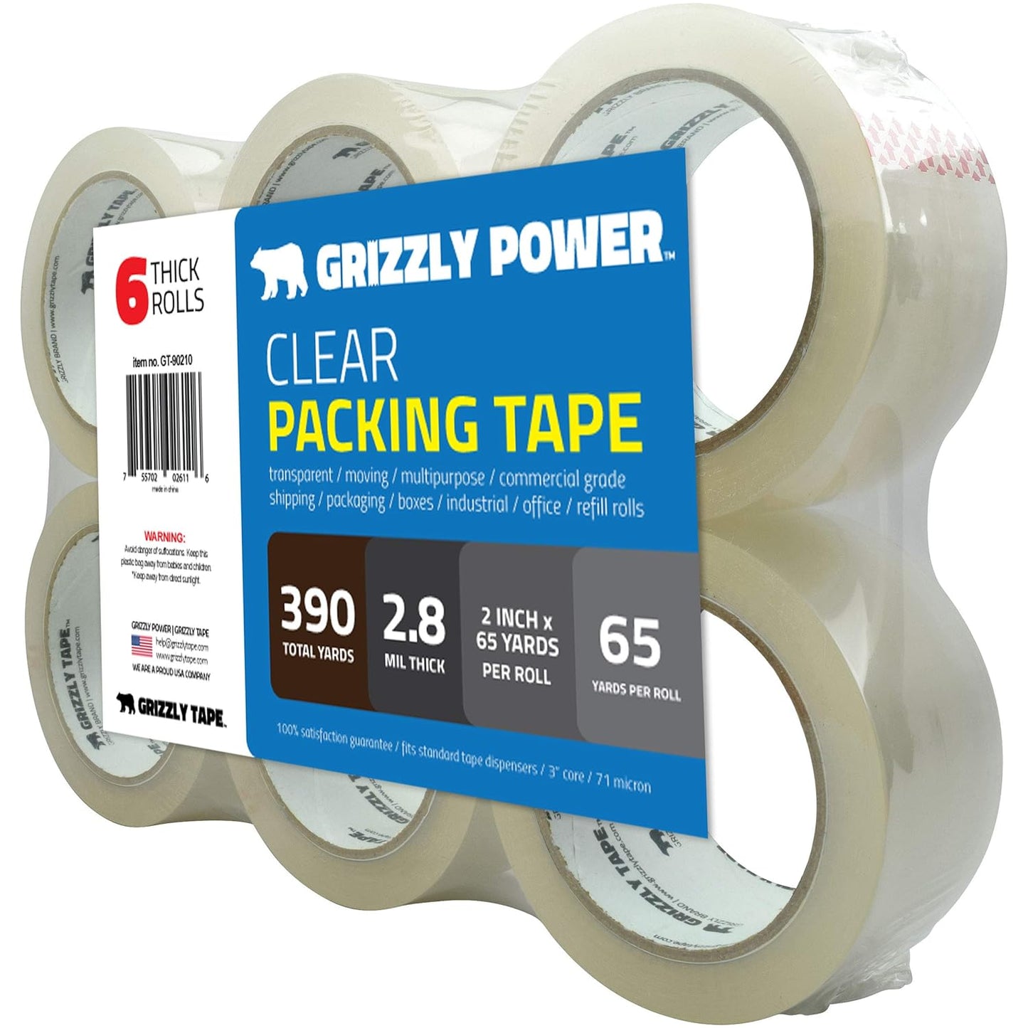 Grizzly Power Clear Packing Tape Refill Rolls for Shipping, Moving Packaging - True 2 Inch x 65 Yards, 2.8mil Thick, 6 Rolls