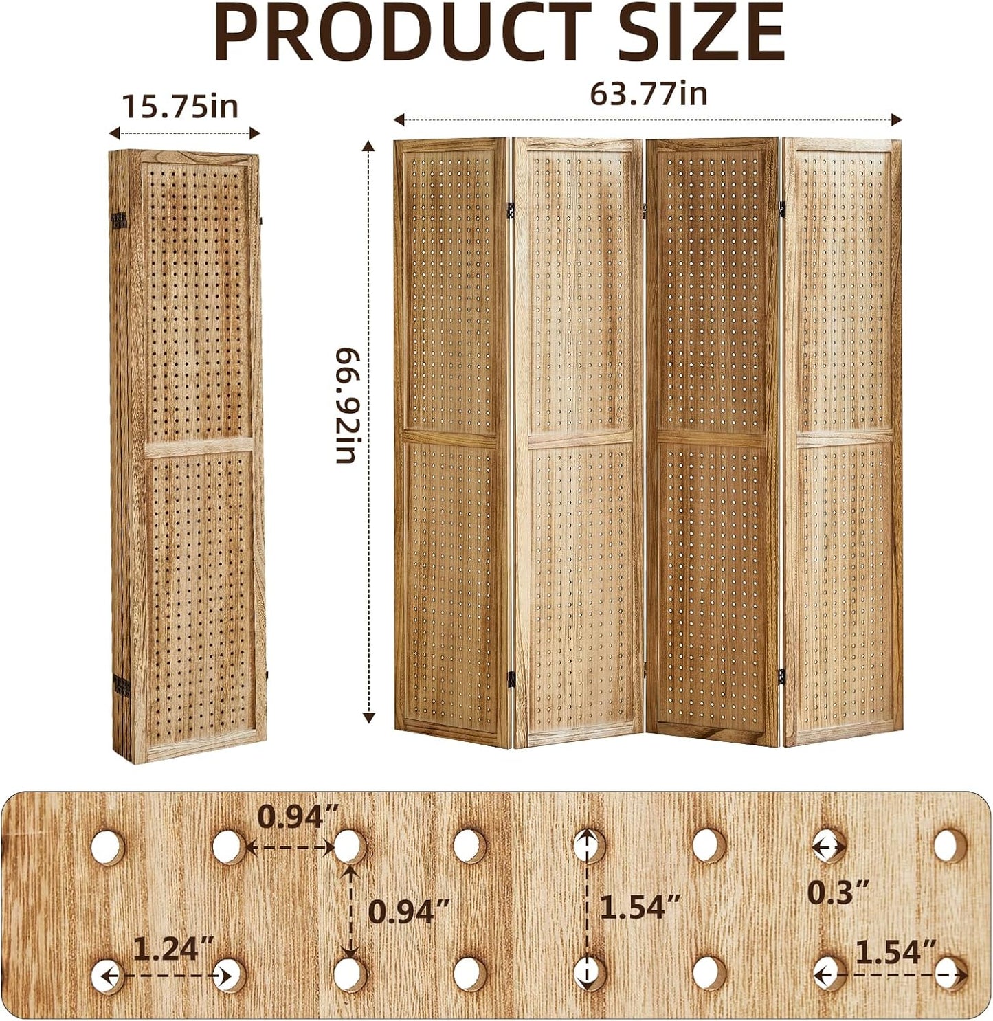 4 Panel Pegboard Display with 16 Hooks, Wooden Room Divider Wall and Folding Privacy Screens, Privacy Dividers for Rooms, Pegboard Room Divider, Jewelry Store, Bedroom, Balcony, Light Brown