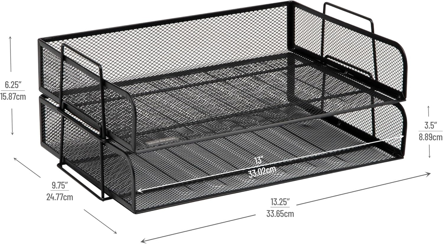 Mind Reader Stackable Paper Tray, Desktop Organizer, File Storage, Office, Metal Mesh, 13.25" L x 9.75" W x 6.25" H, 2 Pcs., Black
