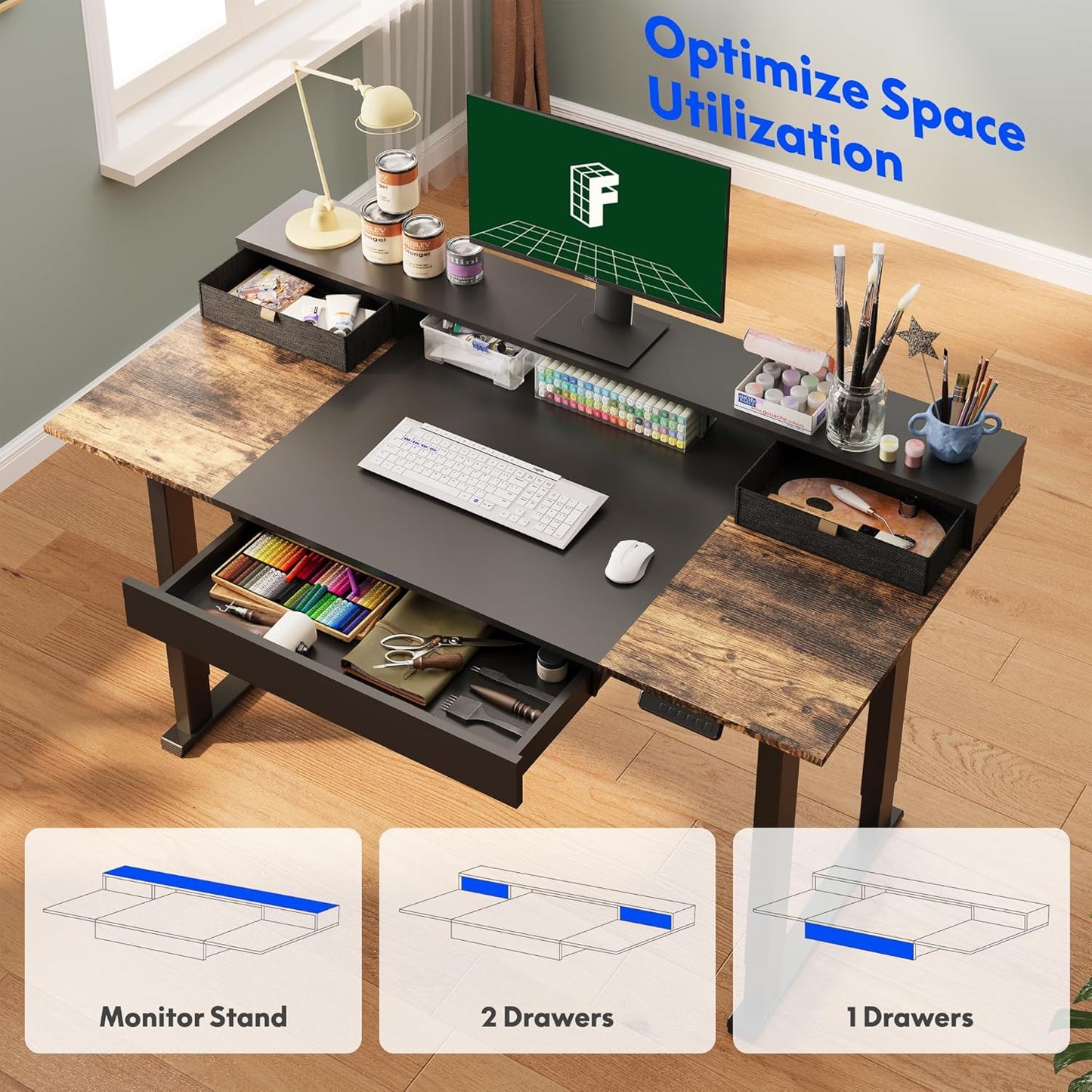 FLEXISPOT 63x32 in 4-Leg Standing Desk with Storage Electric Adjustable Height with 3 Drawers & Shelving Home Office Workstation (Black + Special Walnut Top)