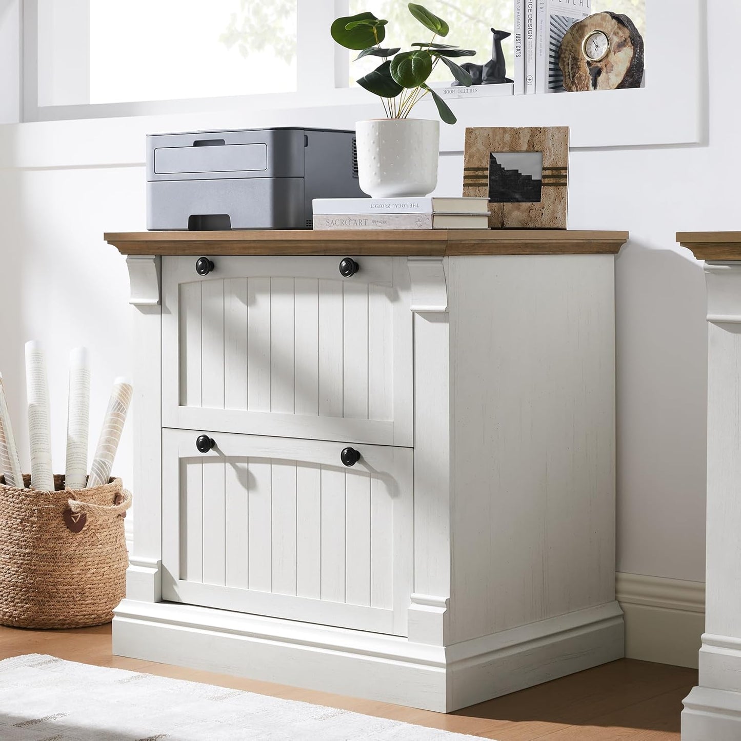 OKD Farmhouse File Cabinet with 2 Drawers, 30" Lateral Filing Cabinet with Hanging File Folders, Interlocking Drawers, Wood Rustic Storage Cabinet for Home Office, Living Room, Antique White